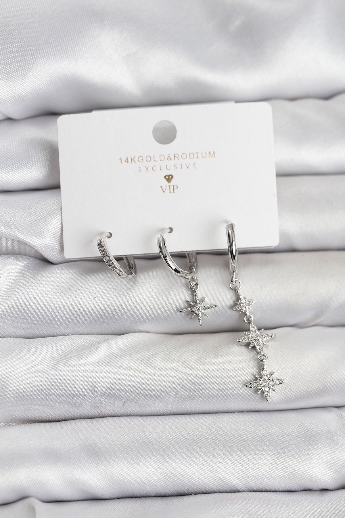 Kutup Yıldızı Model Gümüş Renk Pirinç 3'lü Kadın Küpe Seti - Lisinya