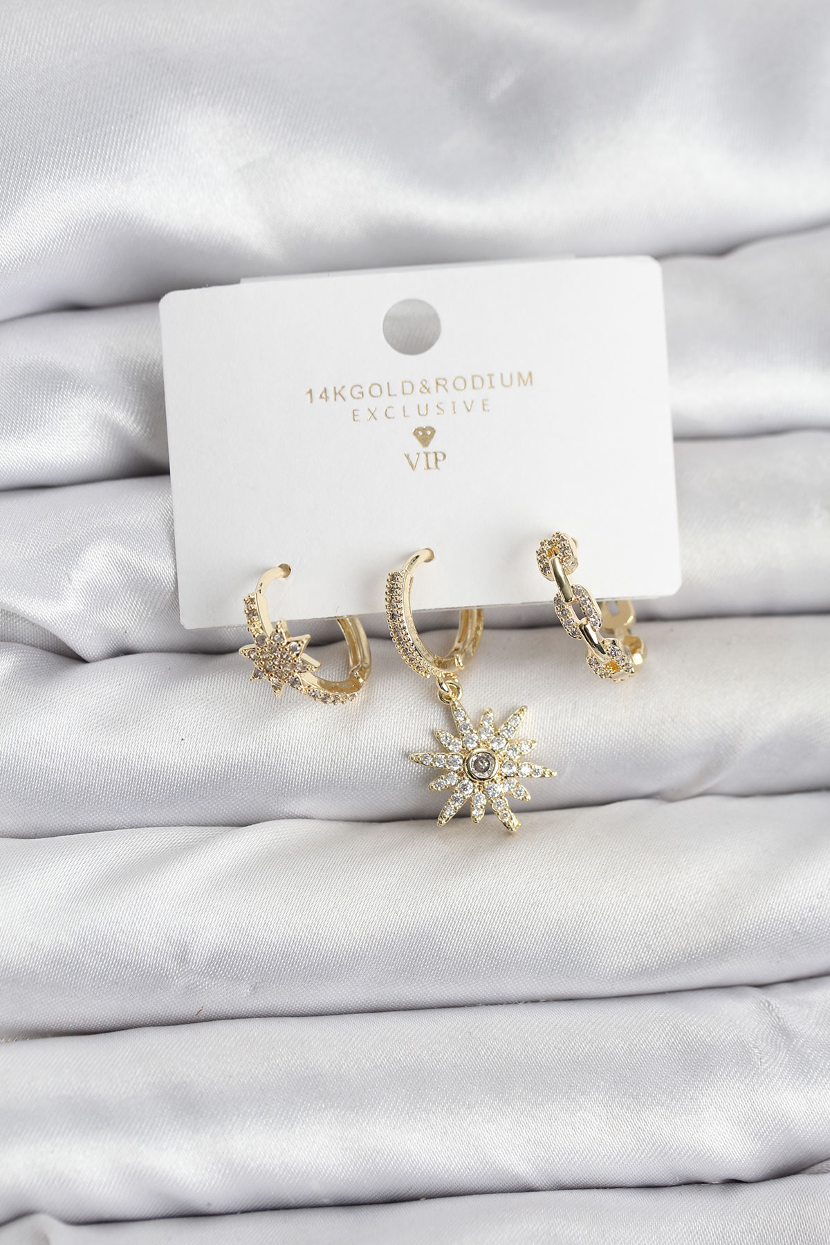 Pirinç Gold Renk Kutup Yıldızı Model 3'lü Kadın Küpe Seti - Lisinya