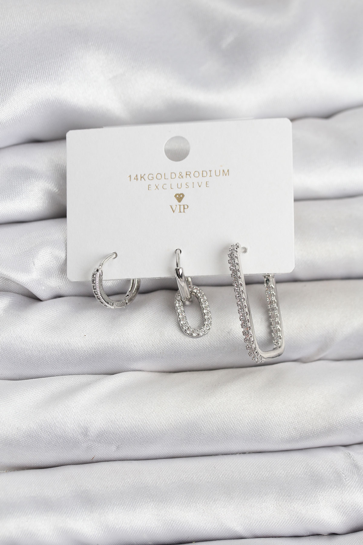 Gümüş Renk Zirkon Taşlı 3'lü Kadın Küpe Seti - Lisinya