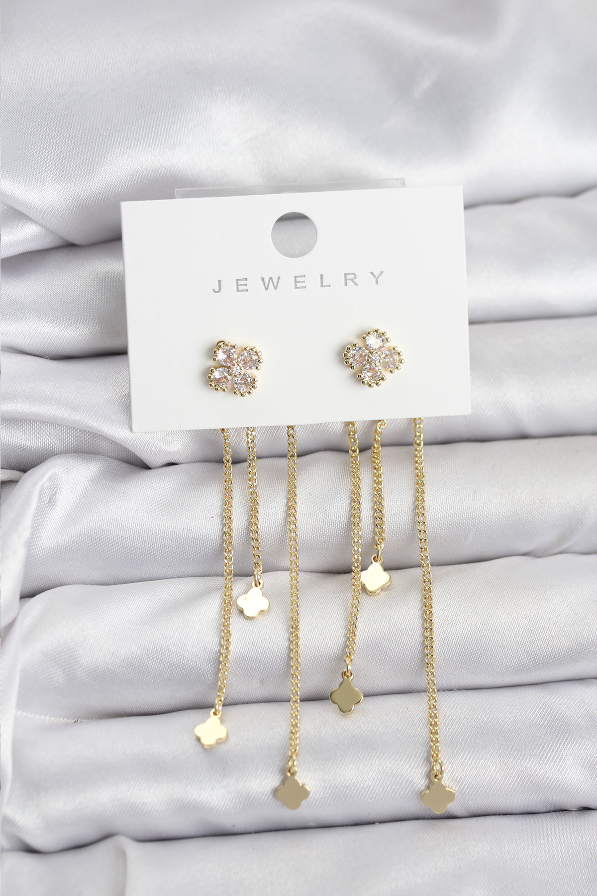 Pirinç Gold Renk Yonca Model Sallantılı Kadın Küpe - Lisinya