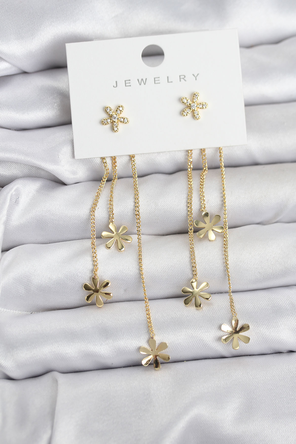 Papatya Model Gold Renk Pirinç Sallantılı Kadın Küpe - Lisinya