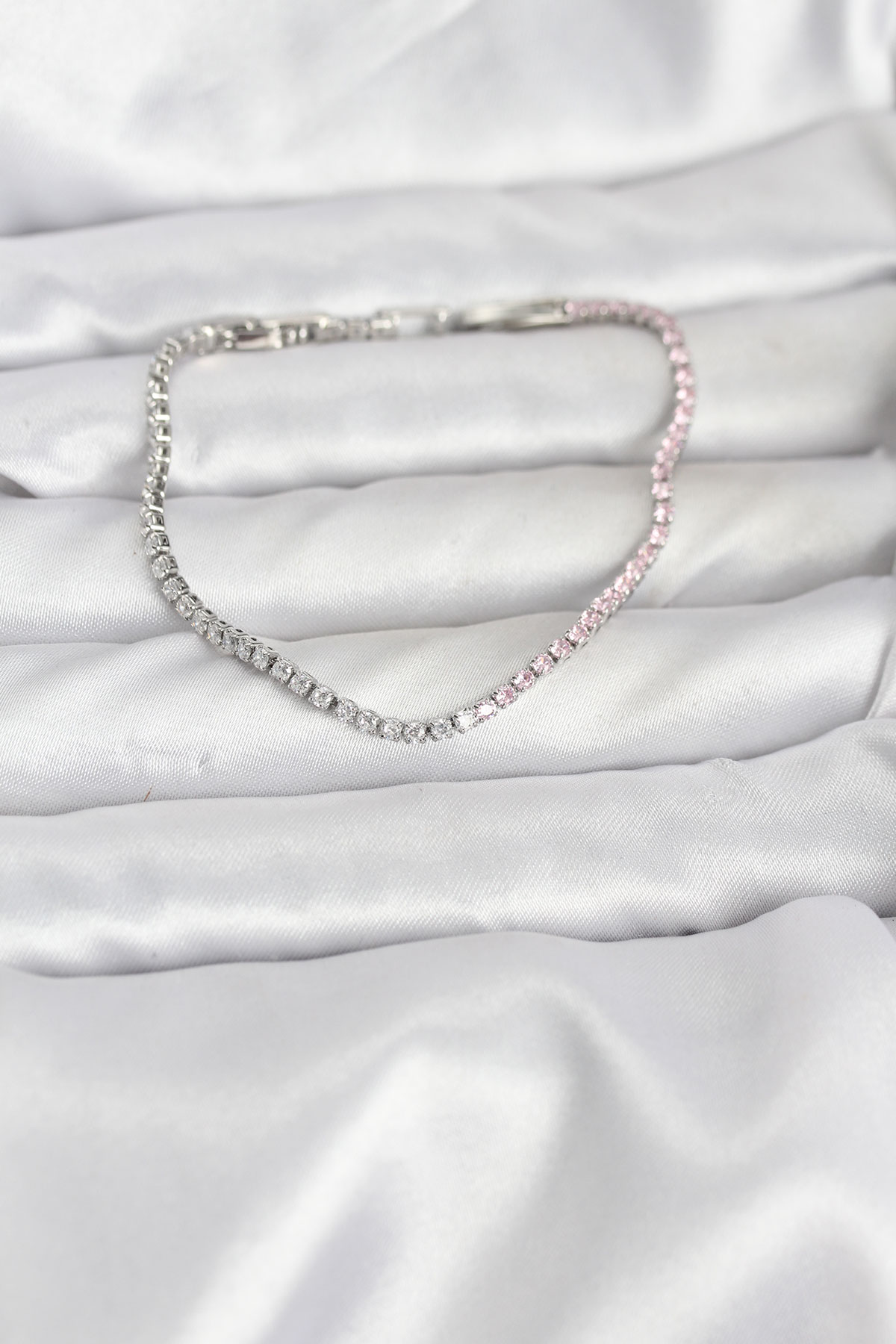 Pembe ve Beyaz Zirkon Taşlı Gümüş Renk Su Yolu Kadın Bileklik - Lisinya