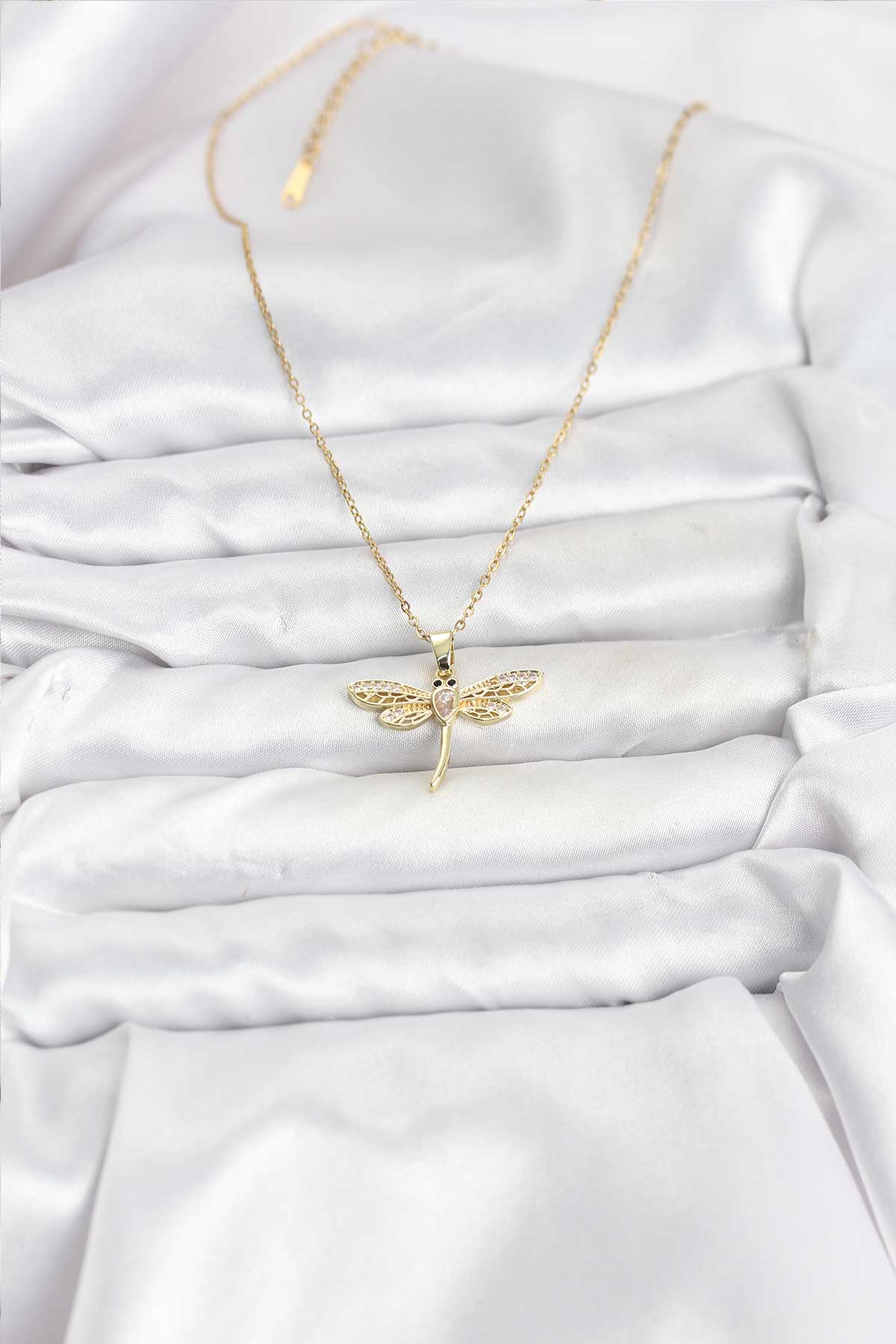 316L Çelik Zincir Gold Renk Yusufçuk Model Kadın Kolye - Lisinya