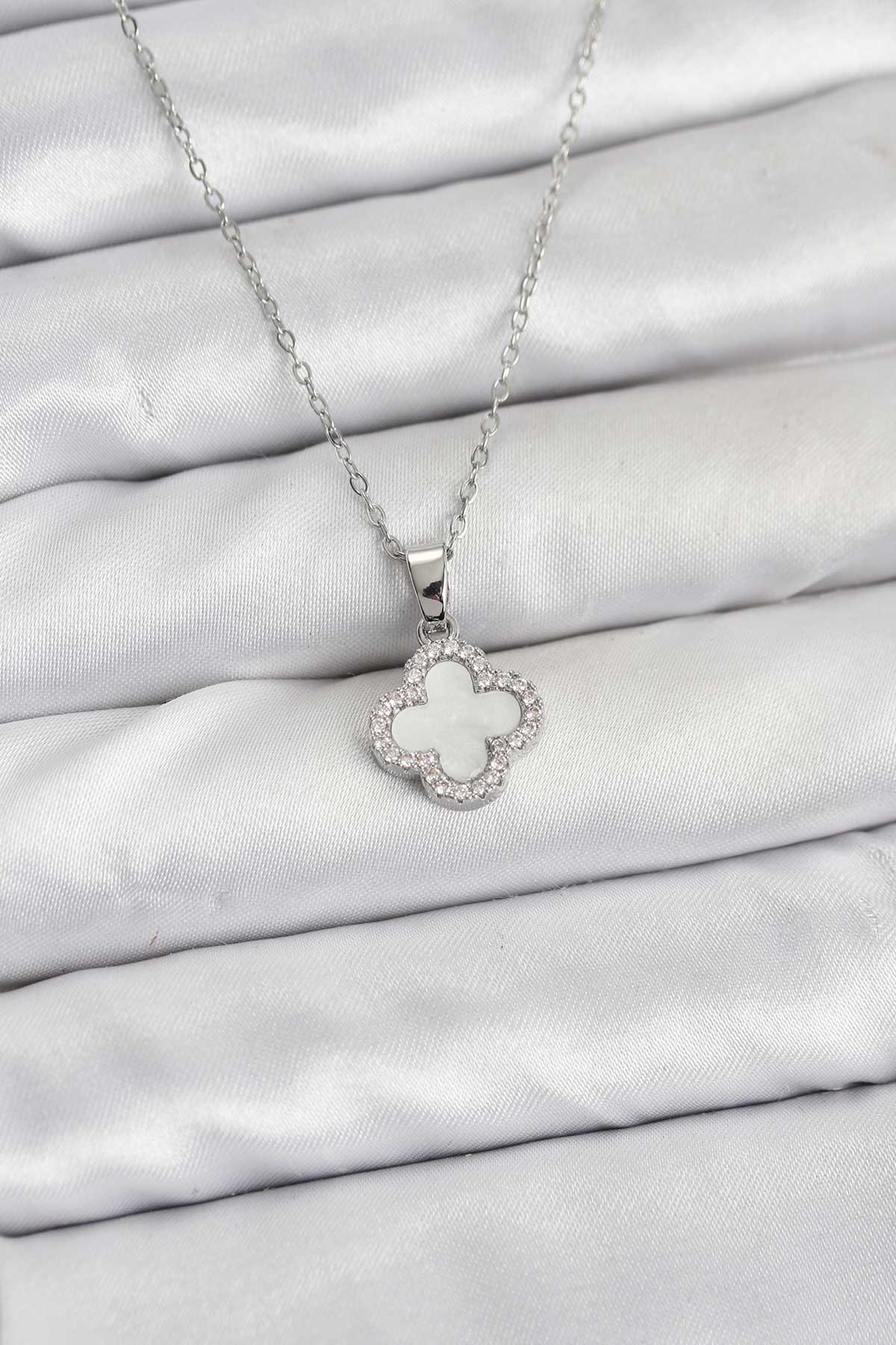 316L Çelik Zincir Gümüş Renk Sedefli Yonca Kadın Kolye - Lisinya