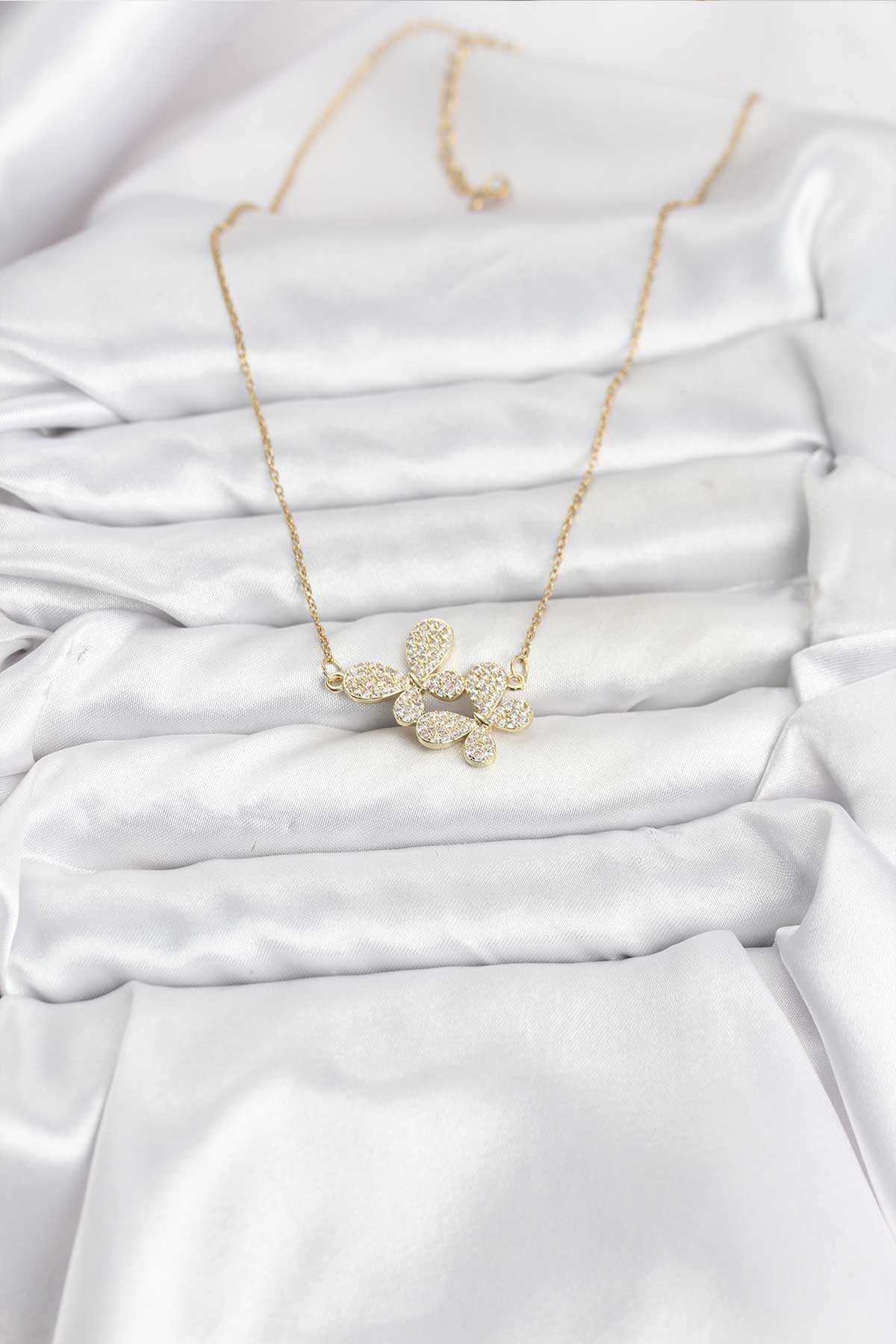 316L Çelik Zincir Gold Renk Zirkon Taşlı Kelebek Model Kadın Kolye - Lisinya