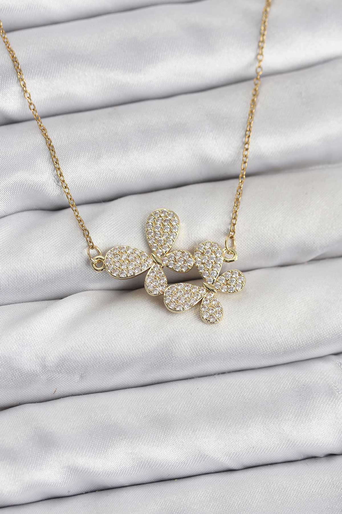 316L Çelik Zincir Gold Renk Zirkon Taşlı Kelebek Model Kadın Kolye - Lisinya