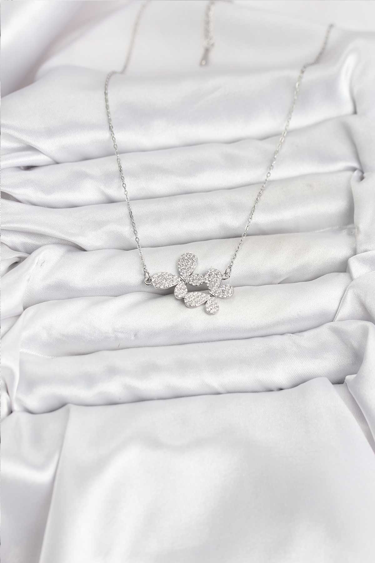 316L Çelik Zincir Gümüş Renk Zirkon Taşlı Kelebek Model Kadın Kolye - Lisinya
