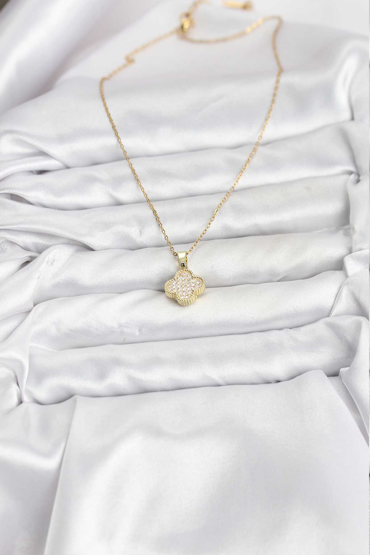 316L Çelik Zincir Gold Renk Zirkon Taşlı Yonca Model Kadın Kolye - Lisinya