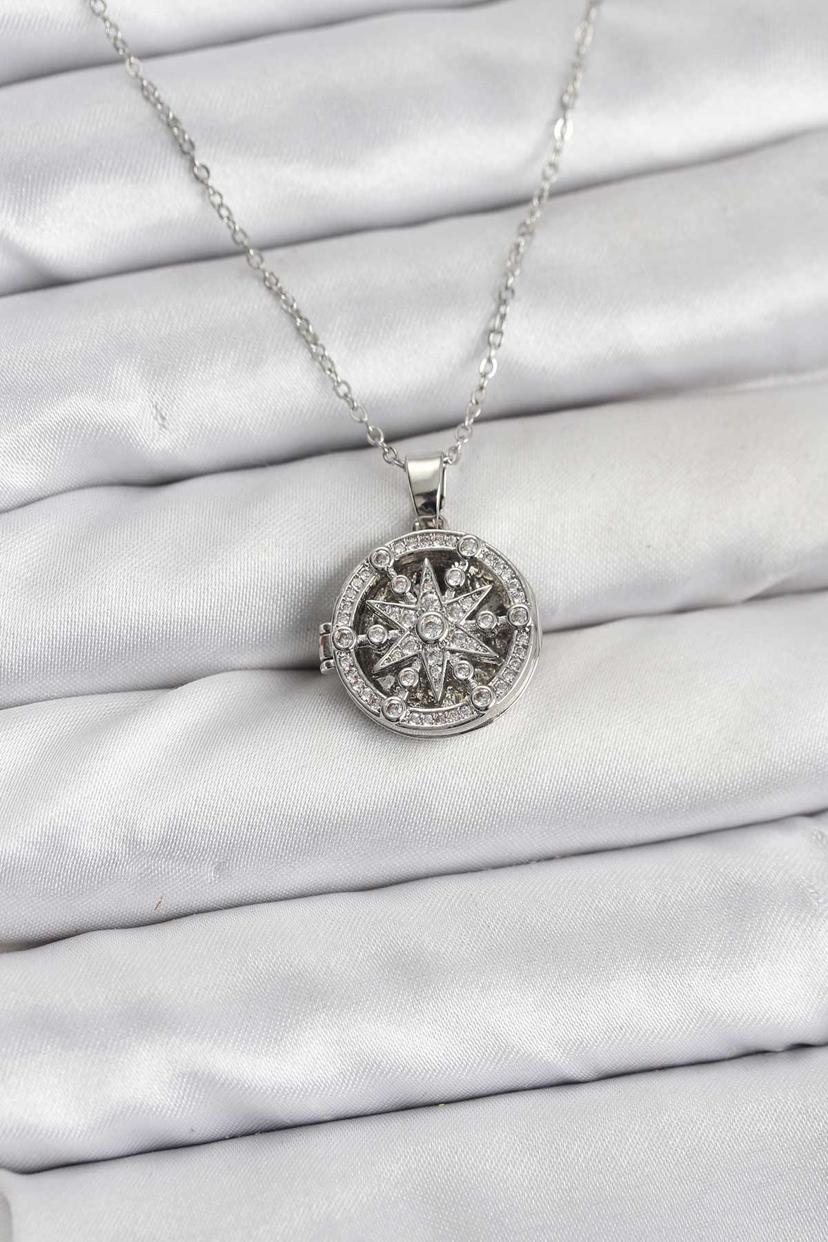 316L Çelik Zincir Gümüş Renk Kutup Yıldızı Kapaklı Model Kadın Kolye - Lisinya