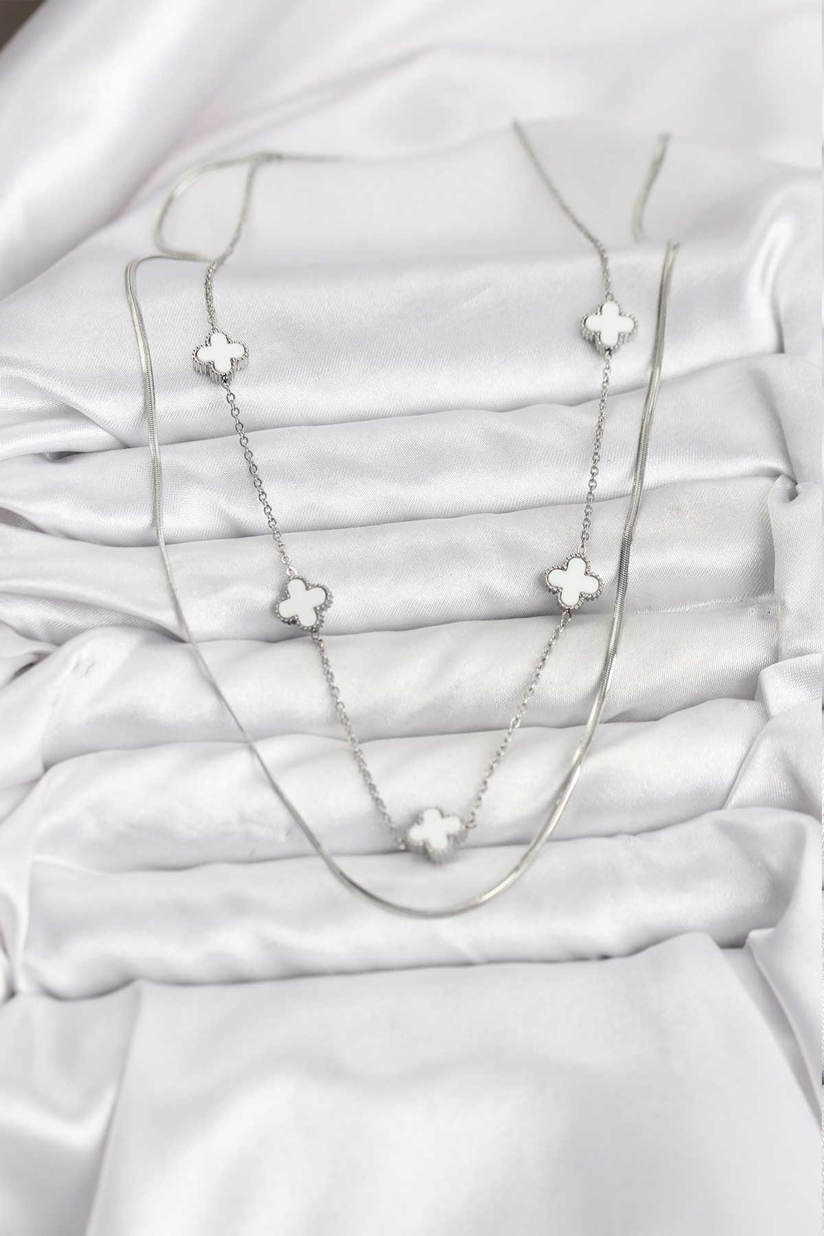 316L Çelik Zincir Gümüş Renk İtalyan Zincirli Yonca Model Kadın Kolye - Lisinya