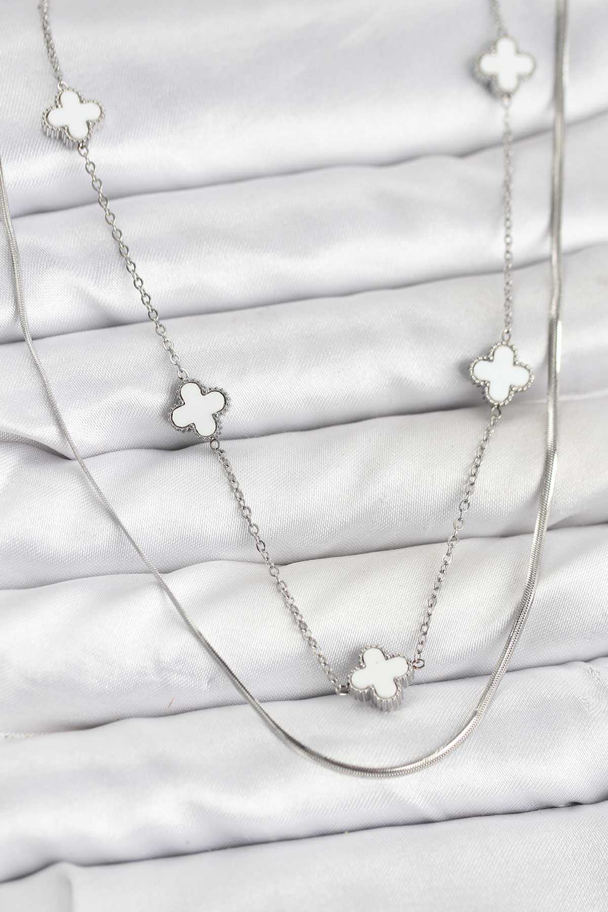 316L Çelik Zincir Gümüş Renk İtalyan Zincirli Yonca Model Kadın Kolye - Lisinya