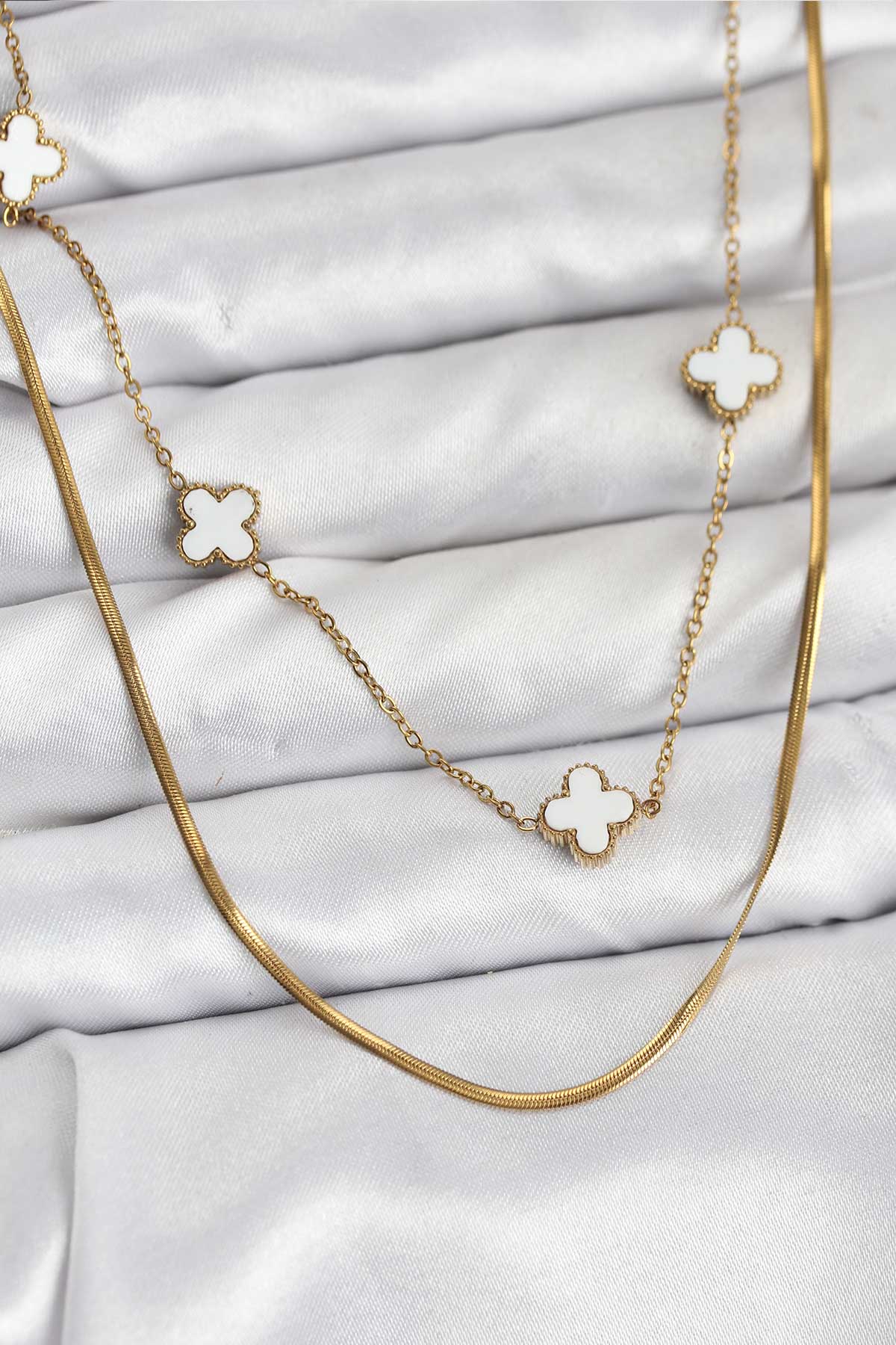 316L Çelik Zincir Gold Renk İtalyan Zincirli Yonca Model Kadın Kolye - Lisinya