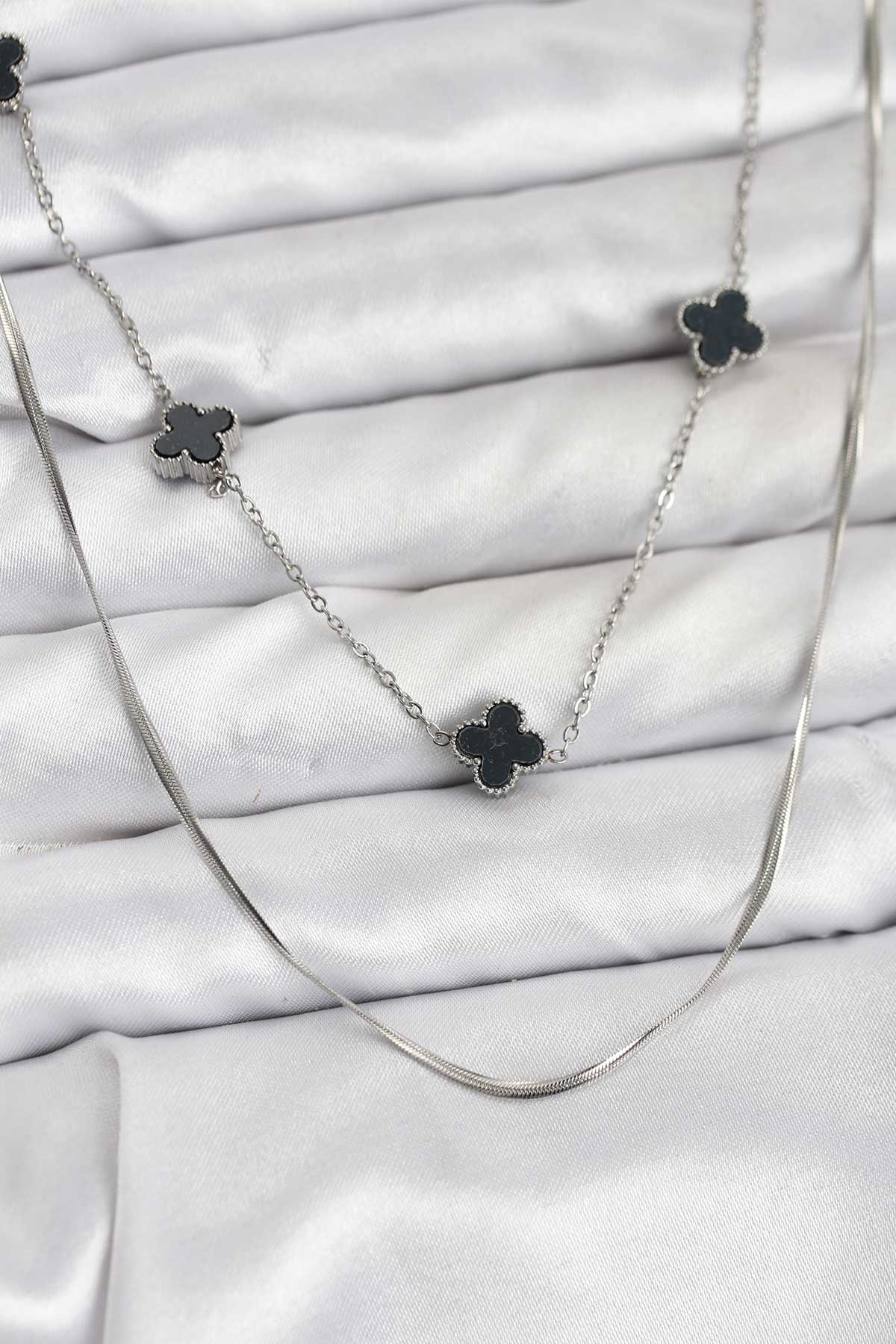 316L Çelik Zincir Gümüş Renk İtalyan Zincirli Siyah Yonca Model Kadın Kolye - Lisinya