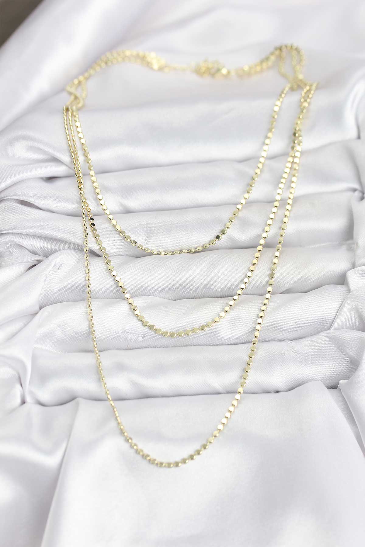 316L Çelik Zincir Gold Renk Ezme Zincir Model 3'lü Kadın Kolye - Lisinya