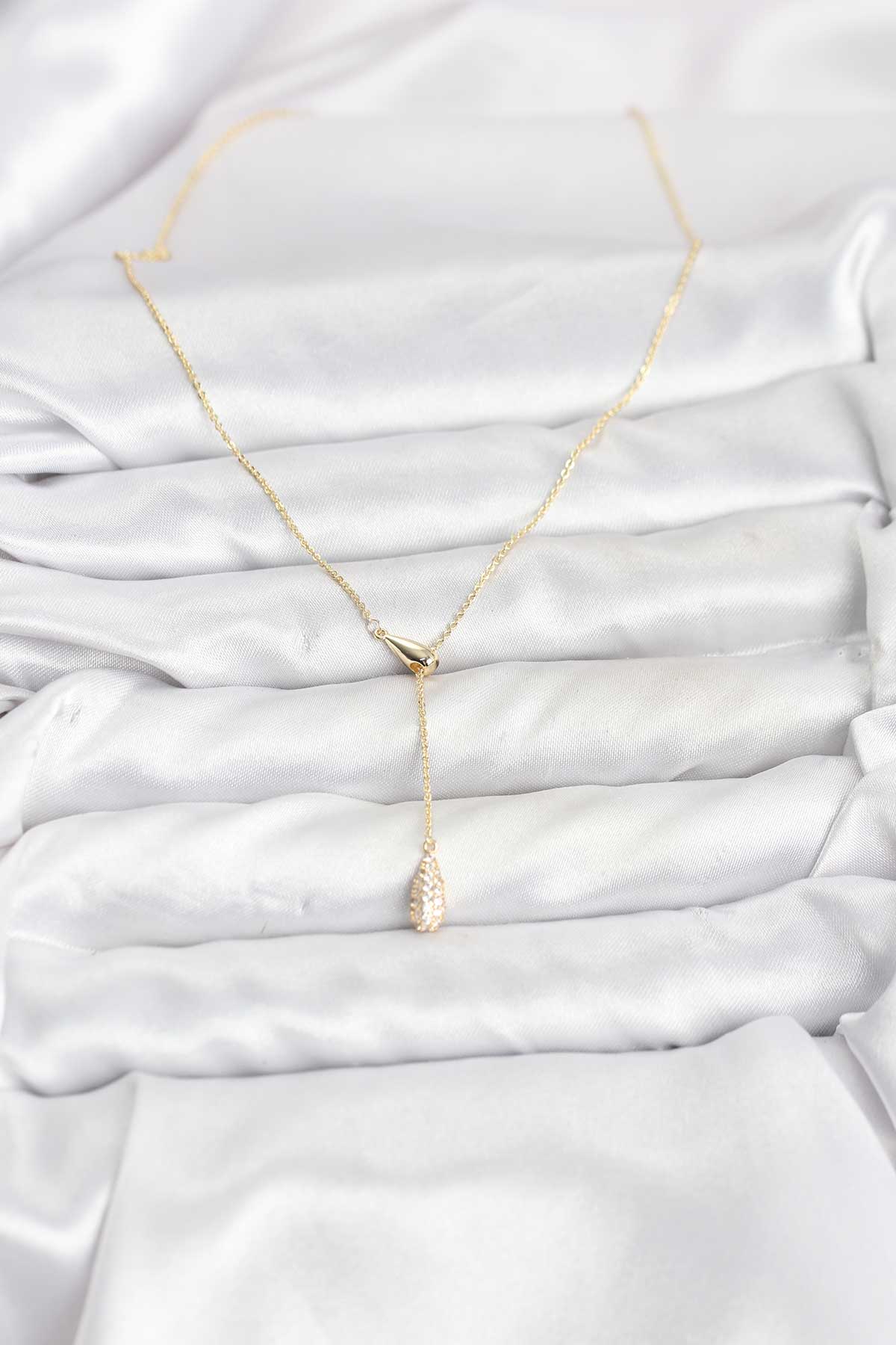 Pirinç Gold Renk Asansörlü Damla Model Kadın Kolye - Lisinya