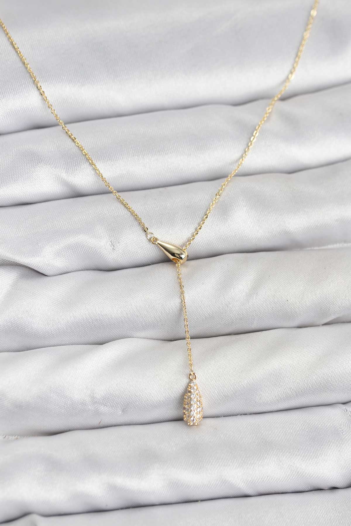 Pirinç Gold Renk Asansörlü Damla Model Kadın Kolye - Lisinya