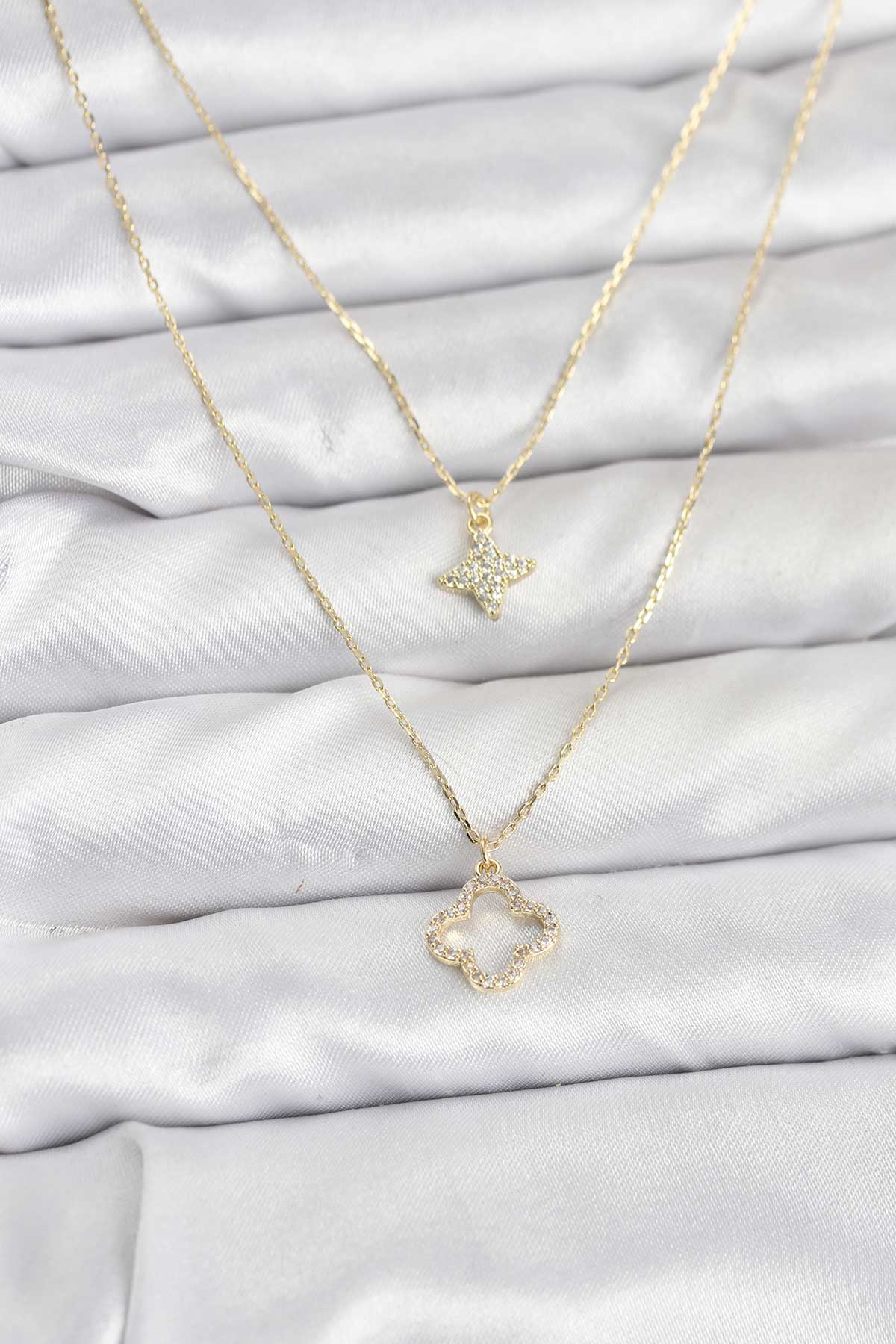 Pirinç Gold Renk Yonca Model 2'li Kadın Kolye - Lisinya