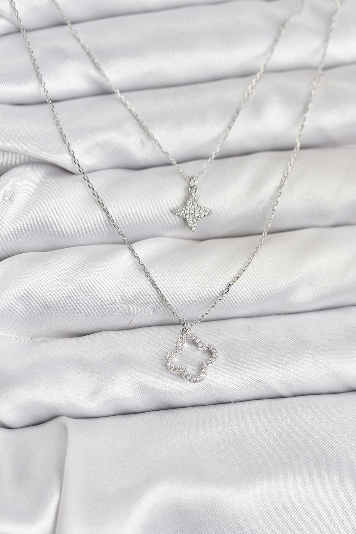 Pirinç Gümüş Renk Yonca Model 2'li Kadın Kolye - Lisinya