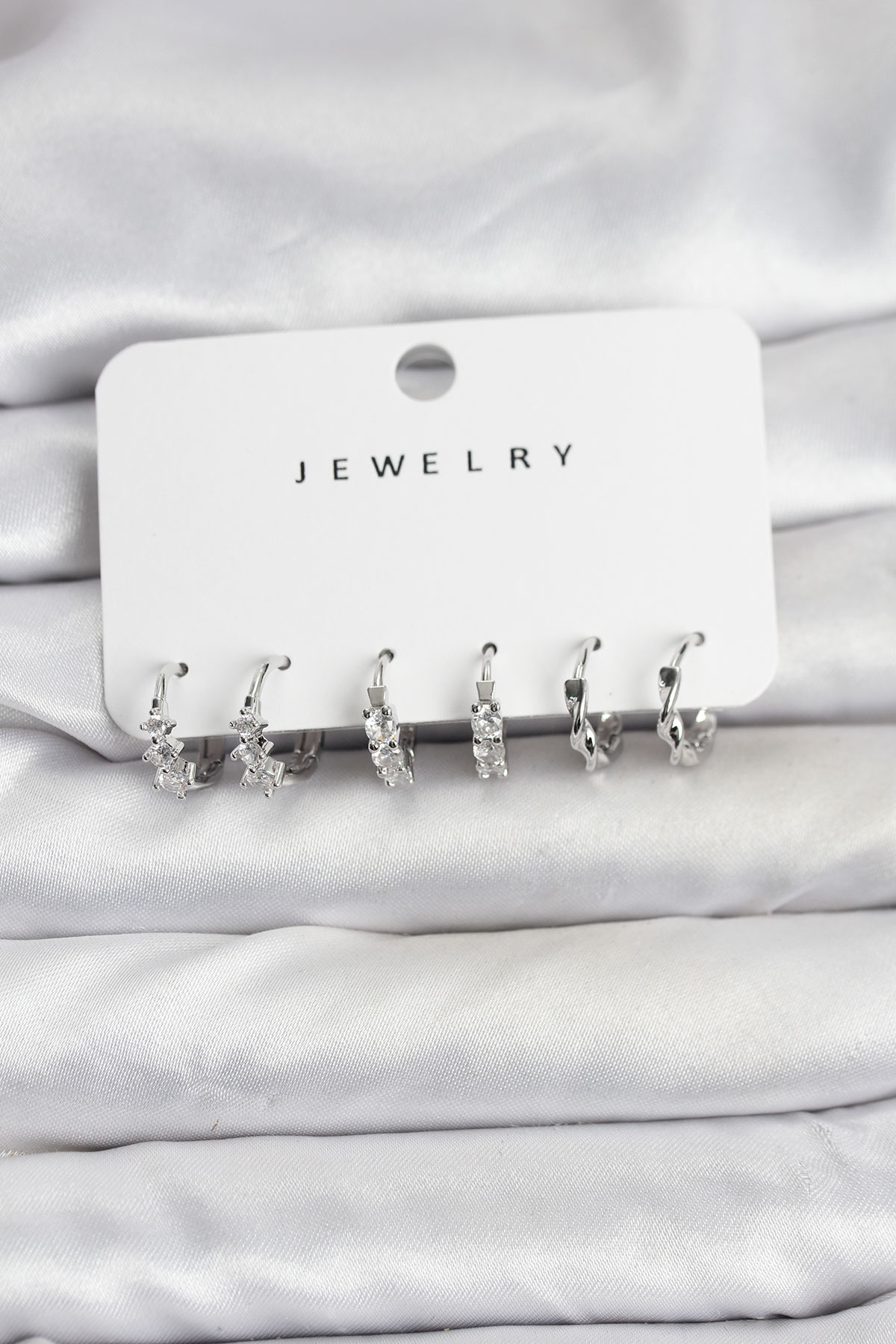 Pirinç Gümüş Renk Zirkon Taşlı Kadın Küpe Seti - Lisinya