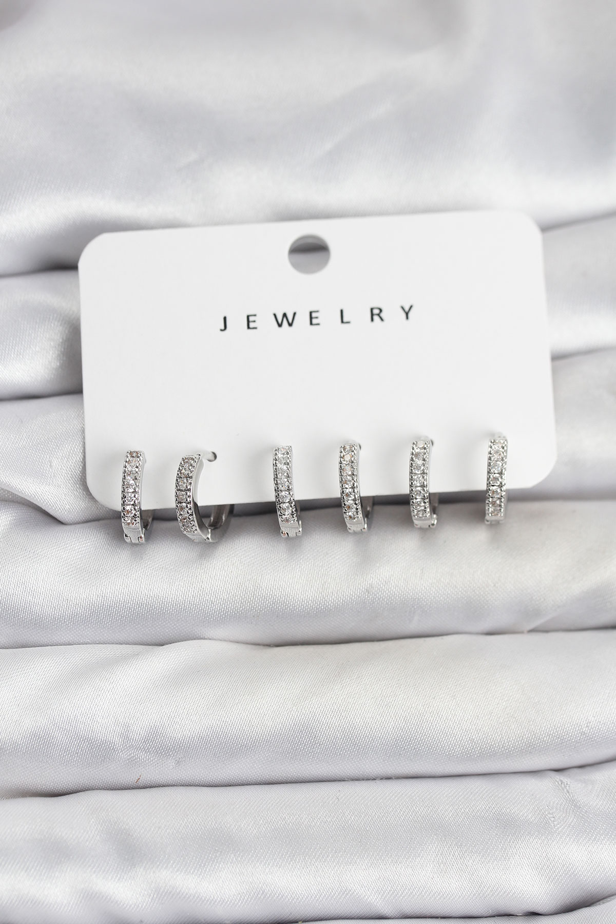 Gümüş Renk Pirinç Zirkon Taşlı Halka Kadın Küpe Seti - Lisinya