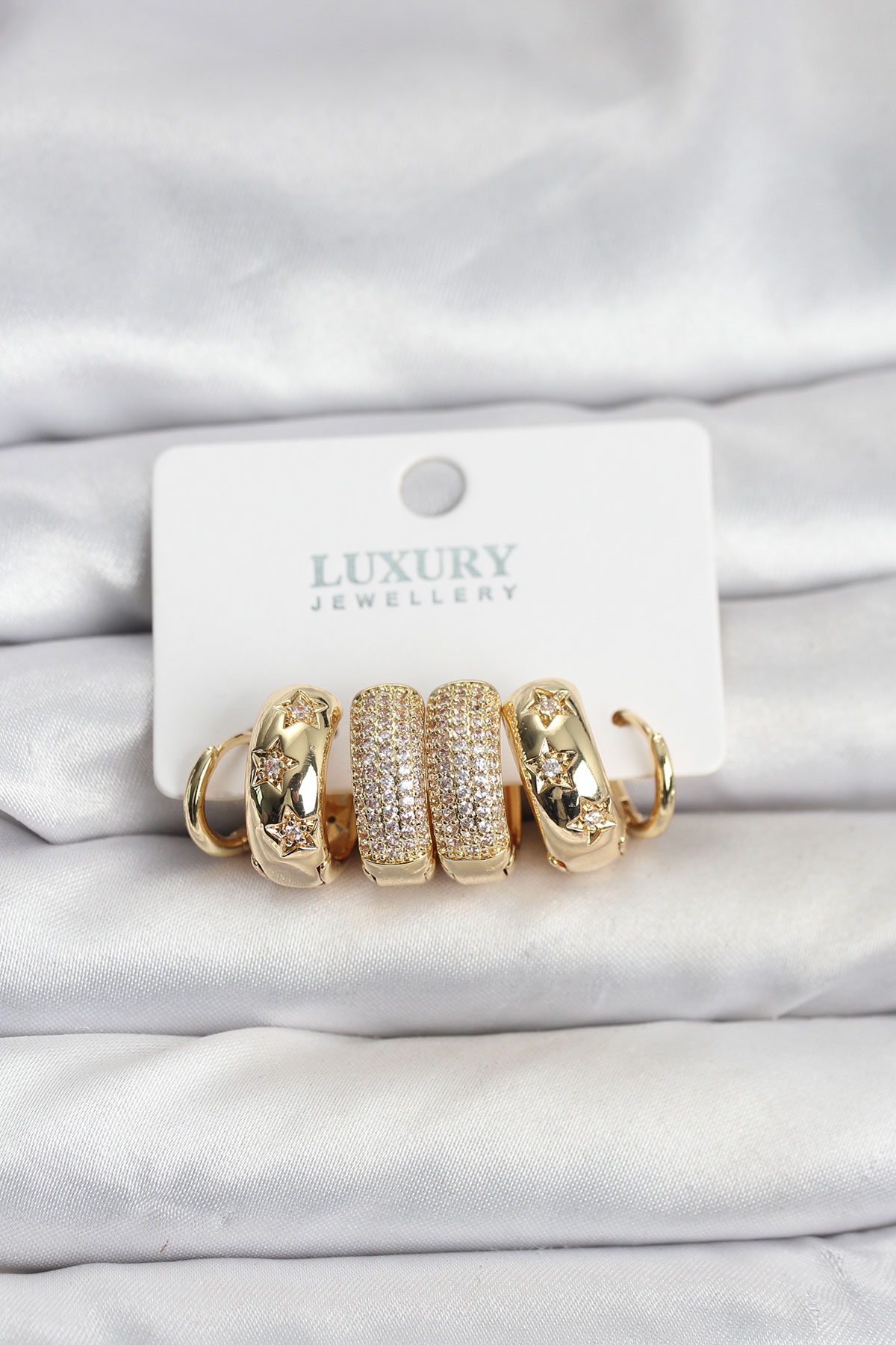 Zirkon Taşlı Pirinç Gold Renk Halka Kadın Küpe Seti - Lisinya