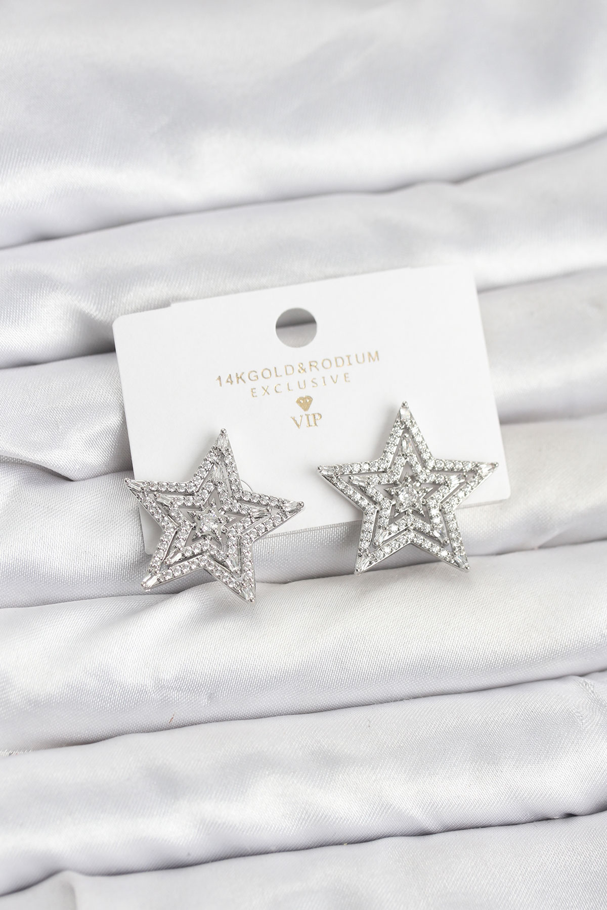 Gümüş Renk Pirinç Zirkon Taşlı Yıldız Model Kadın Küpe - Lisinya