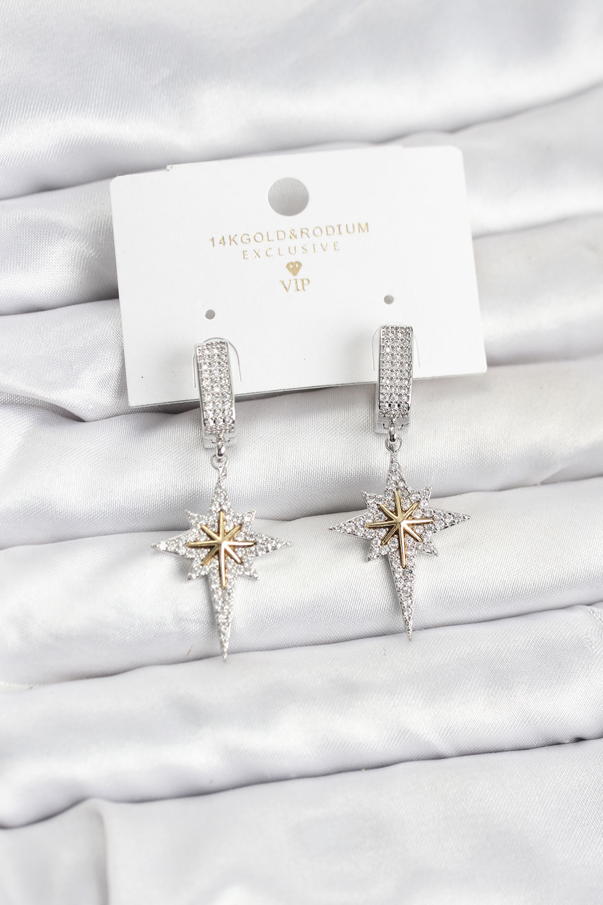 Zirkon Taşlı Gümüş Renk Pirinç Kutup Yıldızı Model Kadın Küpe - Lisinya