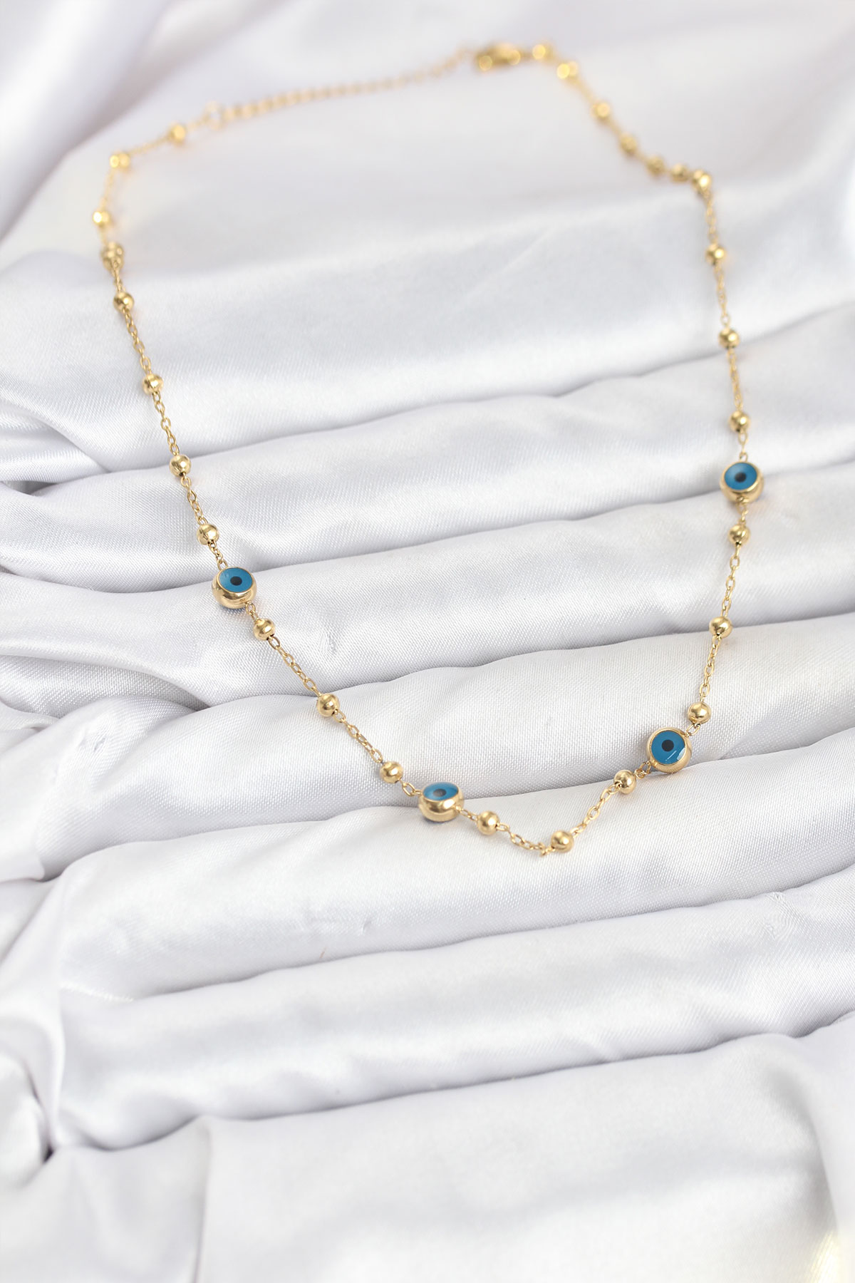 316L Çelik Gold Renk Nazarlı ve Topçuklu Model Kadın Kolye - Lisinya