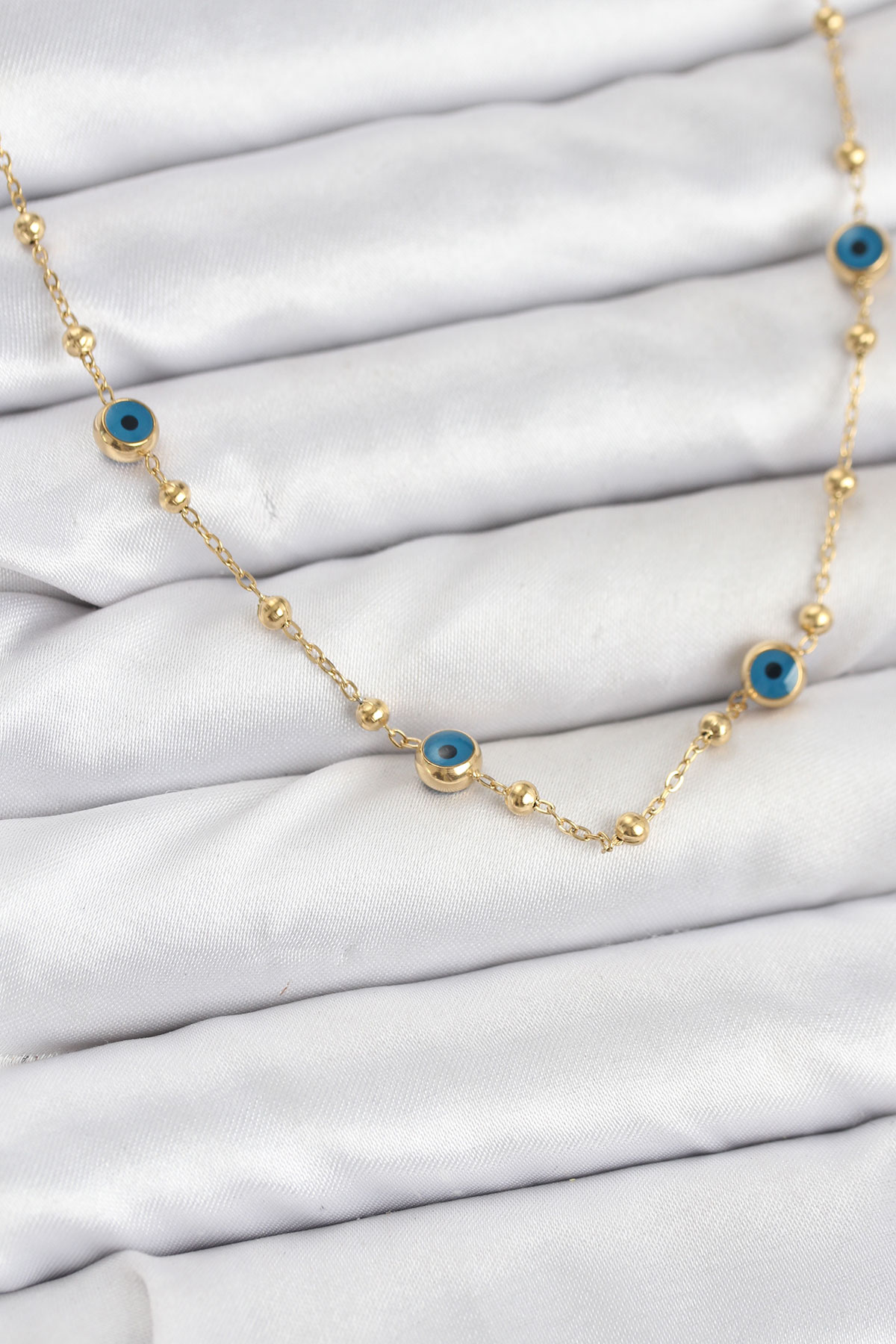 316L Çelik Gold Renk Nazarlı ve Topçuklu Model Kadın Kolye - Lisinya