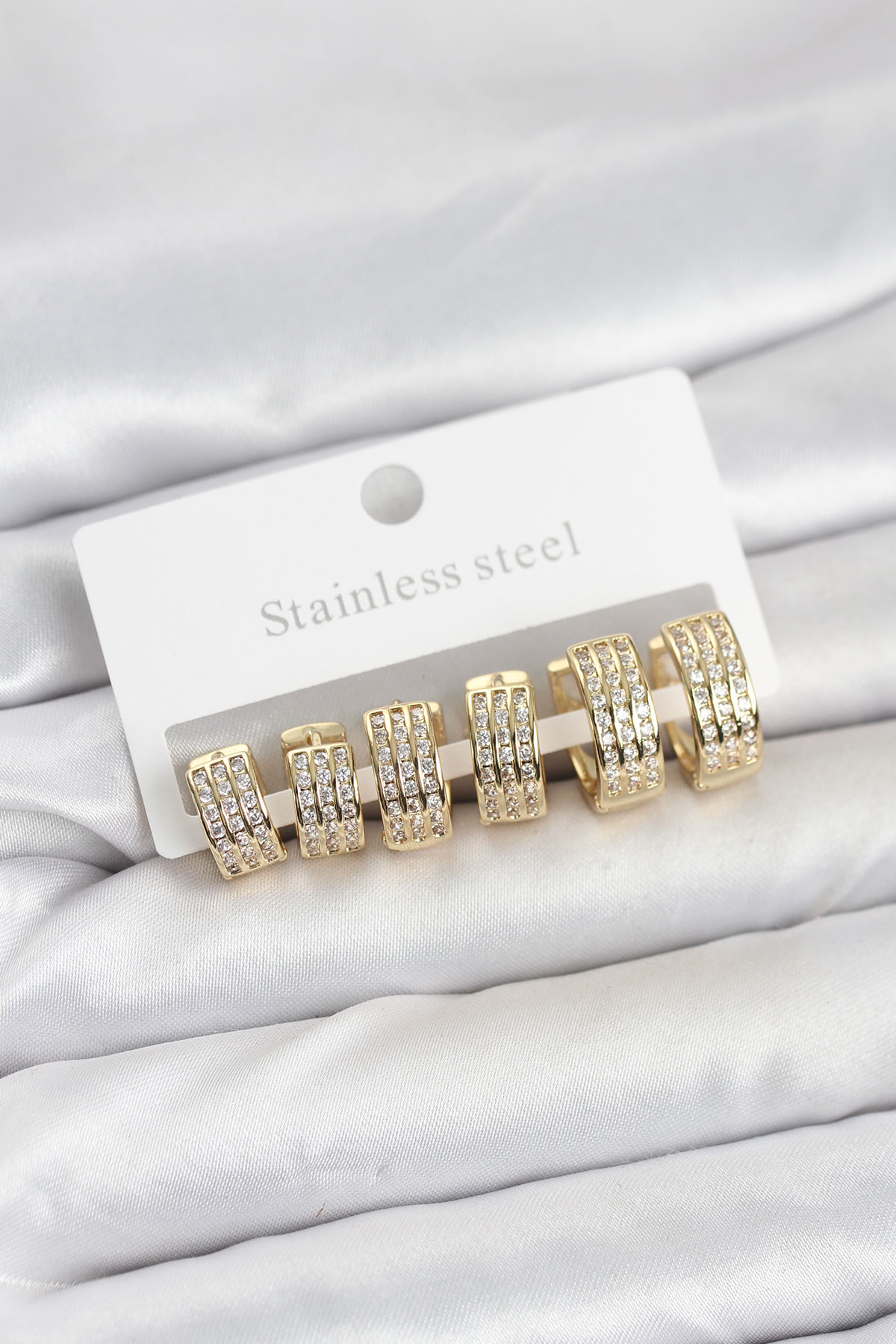 316L Çelik Zirkon Taşlı Gold Halka Küpe Seti - Lisinya