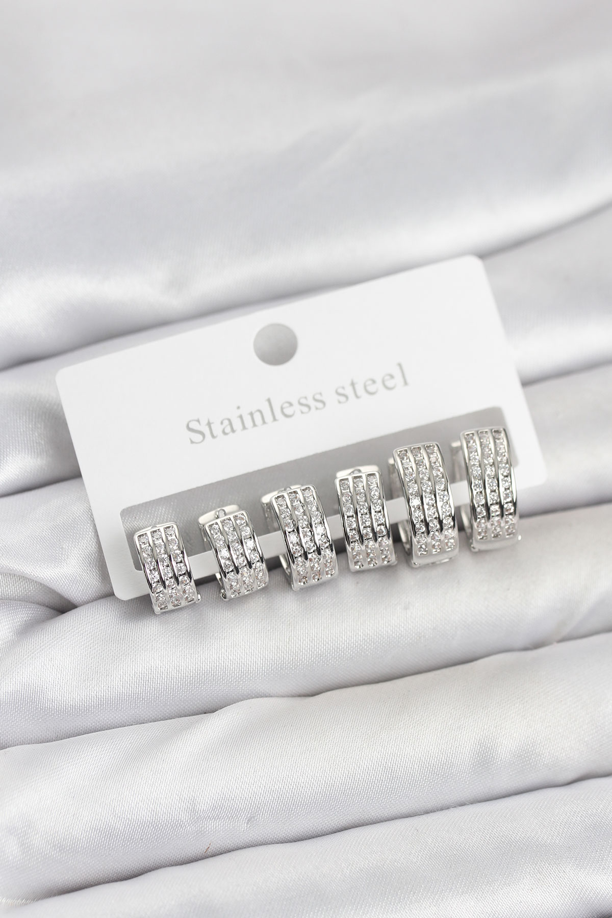 316L Çelik Zirkon Taşlı Gümüş Renk Halka Küpe Seti - Lisinya