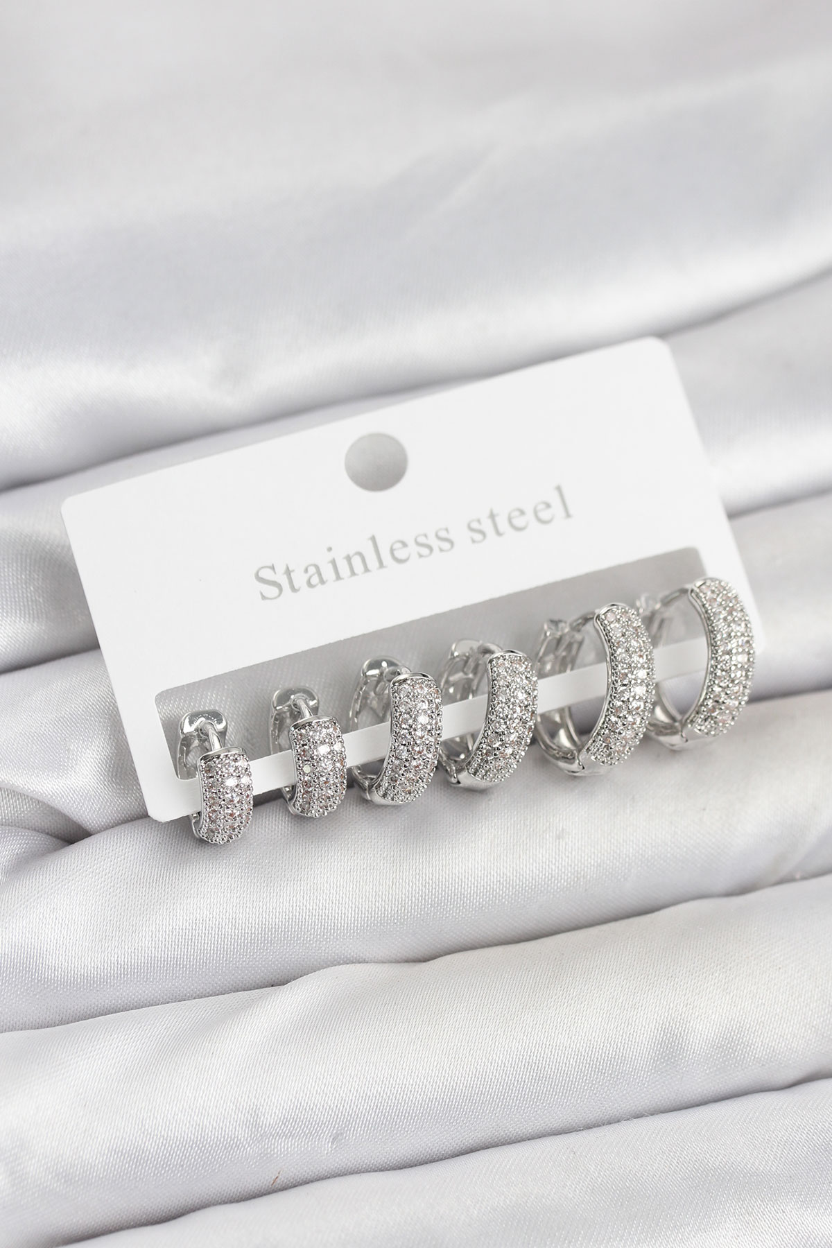 316L Çelik Gümüş Renk Zirkon Taşlı Halka Küpe Seti - Lisinya