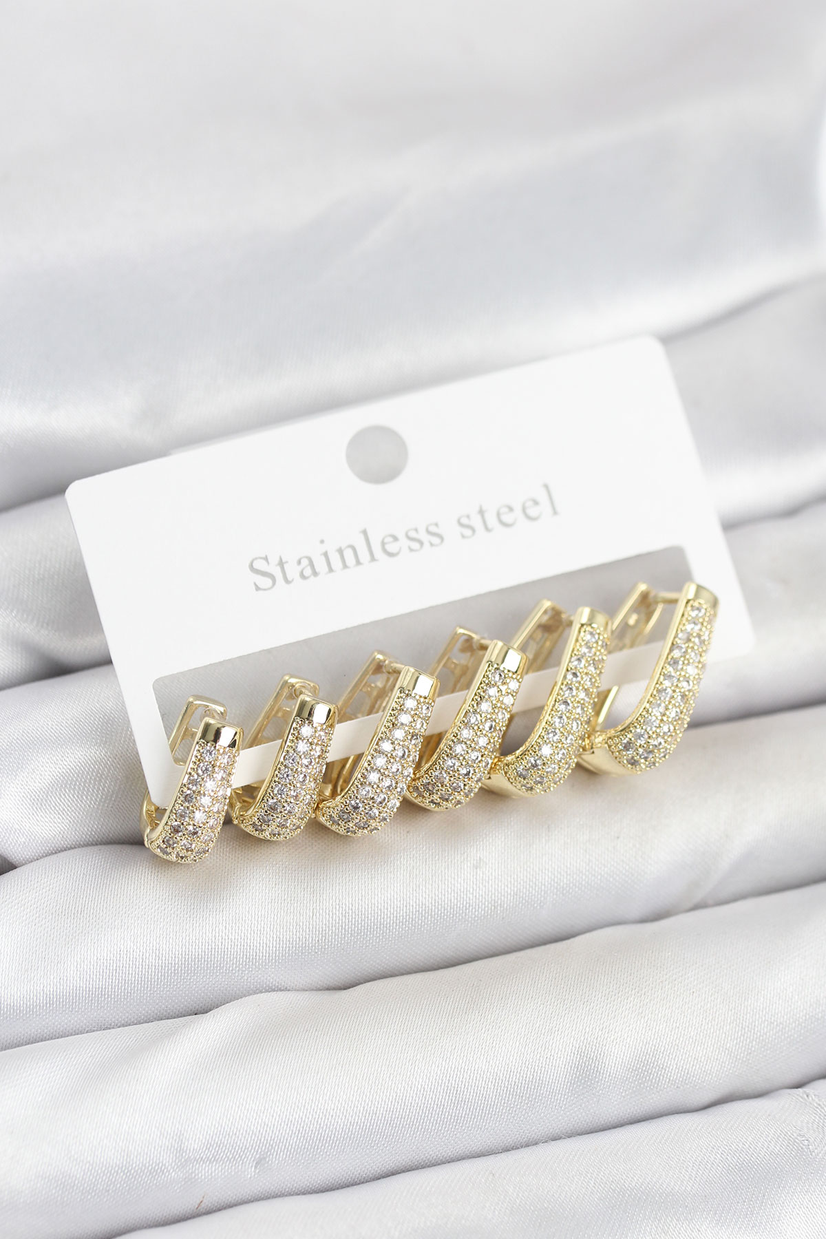 316L Çelik Gold Renk Zirkon Taşlı Damla Halka Küpe Seti - Lisinya