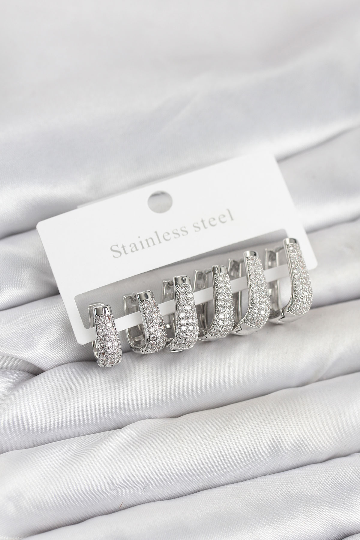 316L Çelik Gümüş Renk Zirkon Taşlı Damla Halka Küpe Seti - Lisinya