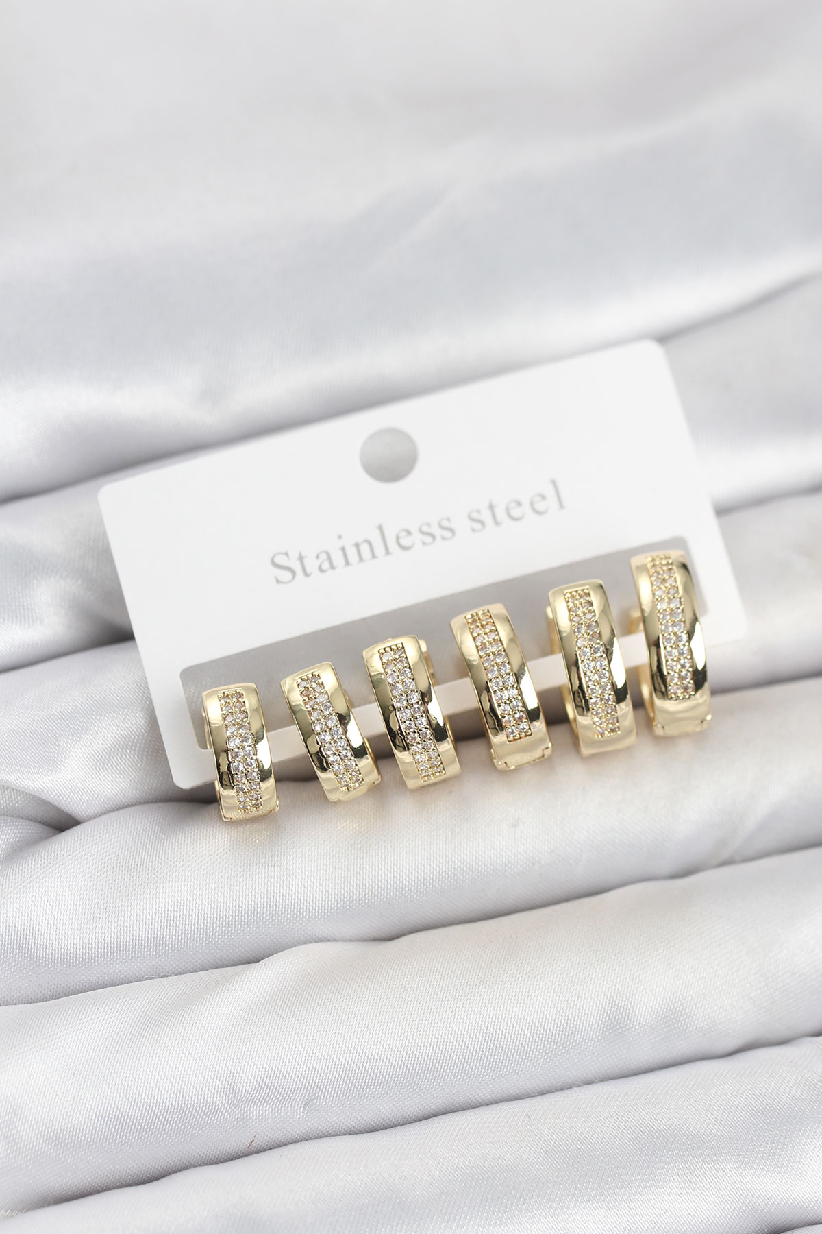 316L Çelik Gold Renk Zirkon Taşlı Halka Küpe Seti - Lisinya