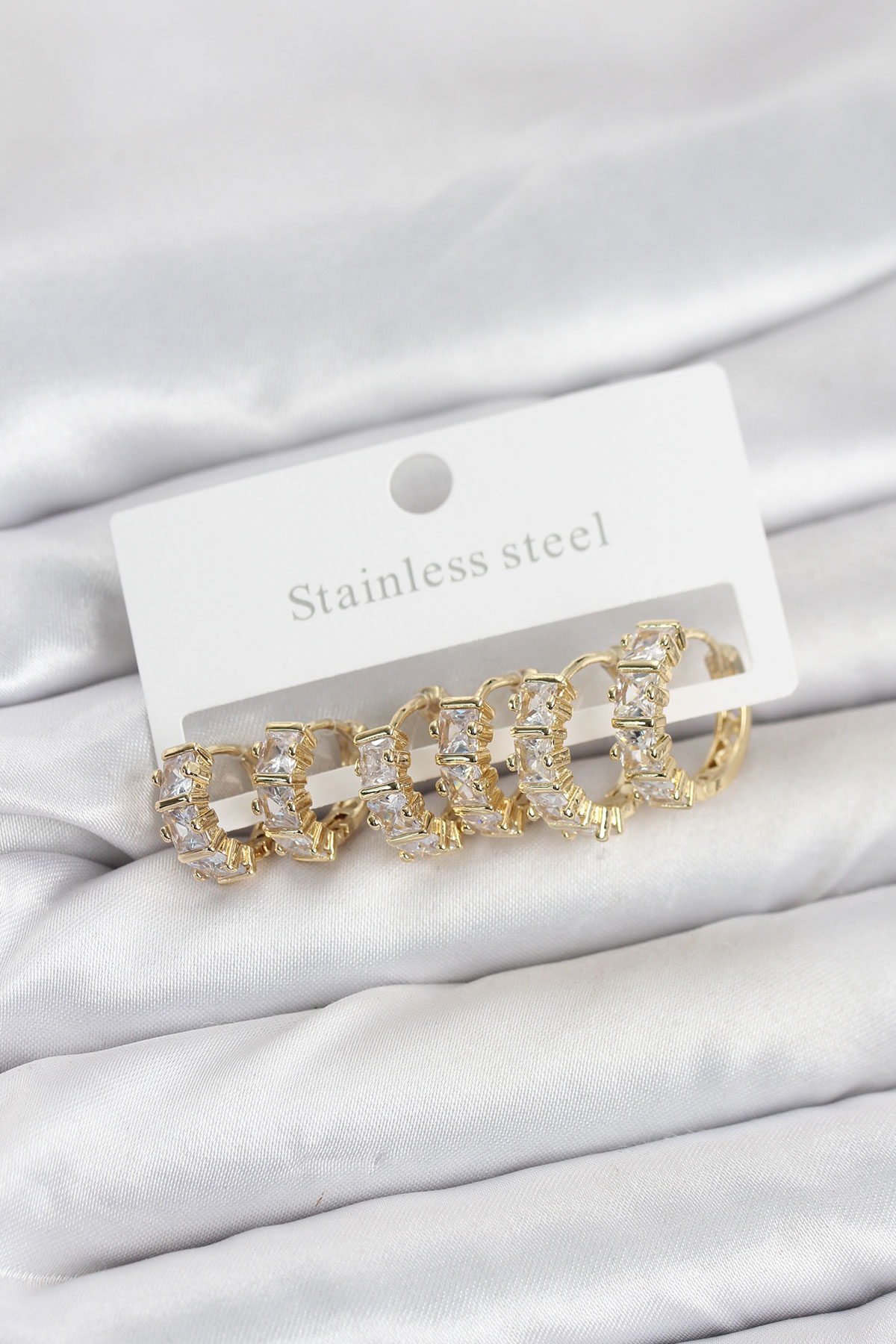 316L Çelik Gold Renk Baget Zirkon Taşlı Halka Küpe Seti - Lisinya