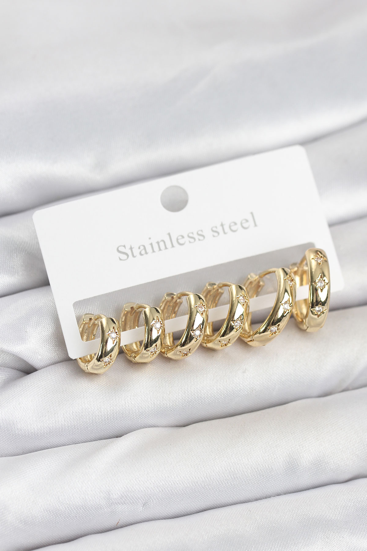 316L Çelik Gold Renk Zirkon Taşlı Kutup Yıldızı Model Halka Küpe Seti - Lisinya