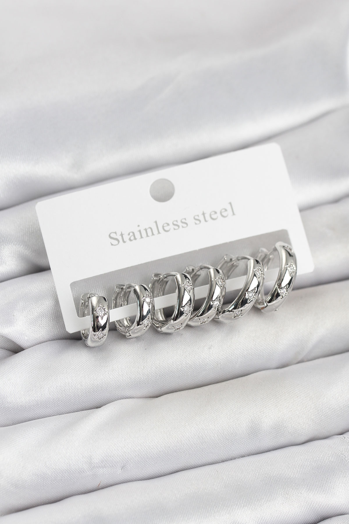 316L Çelik Gümüş Renk Zirkon Taşlı Kutup Yıldızı Model Halka Küpe Seti - Lisinya