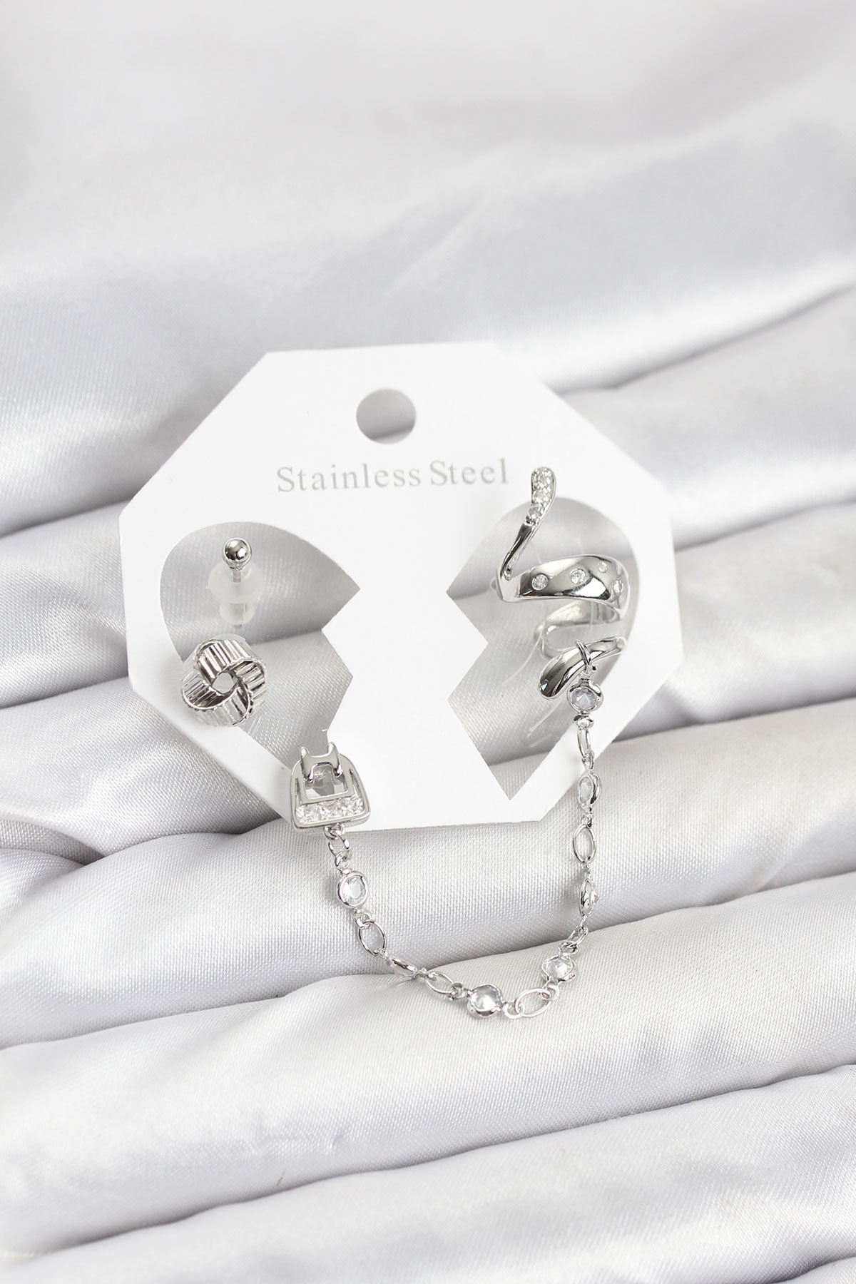 Pirinç Gümüş Renk Yılan Model Zincir Bağlantılı Ear Cuff Küpe Seti - Lisinya