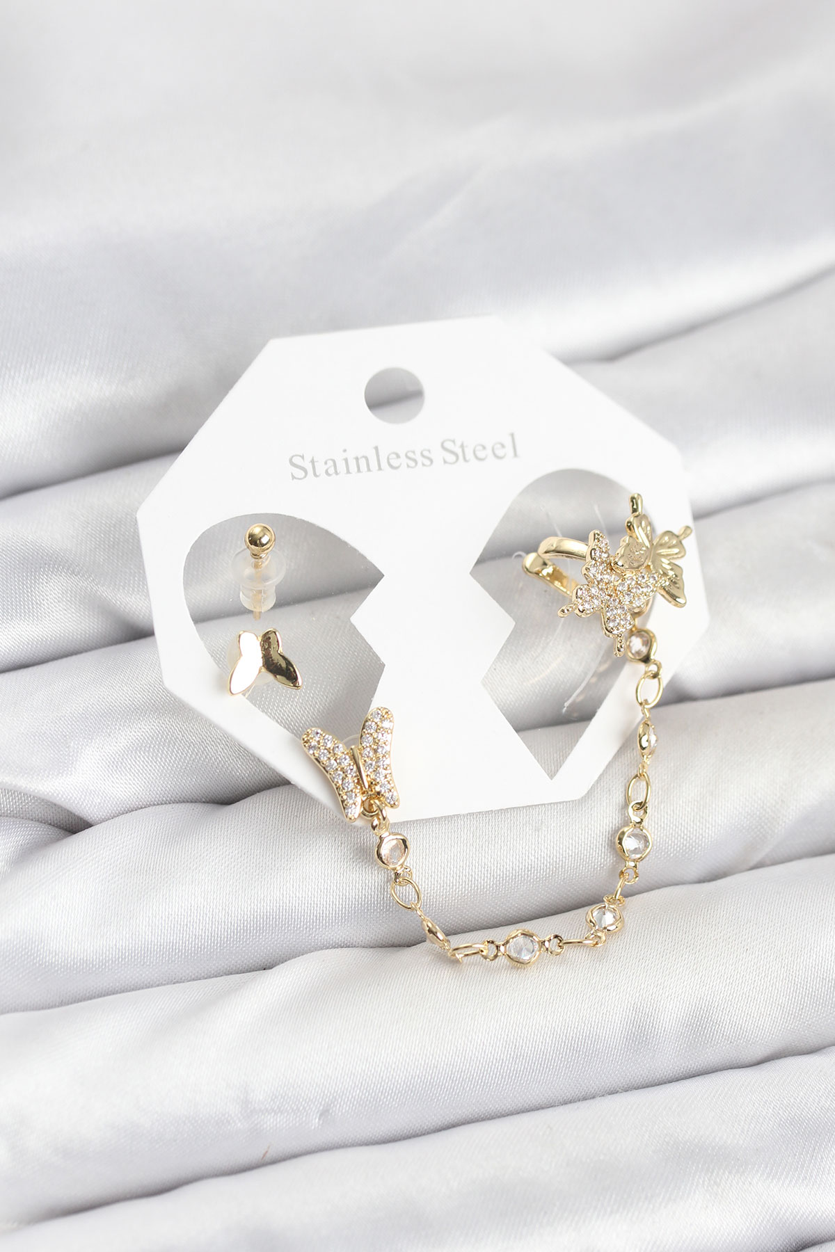 Pirinç Gold Renk Kelebek Model Zincir Bağlantılı Ear Cuff Küpe Seti - Lisinya