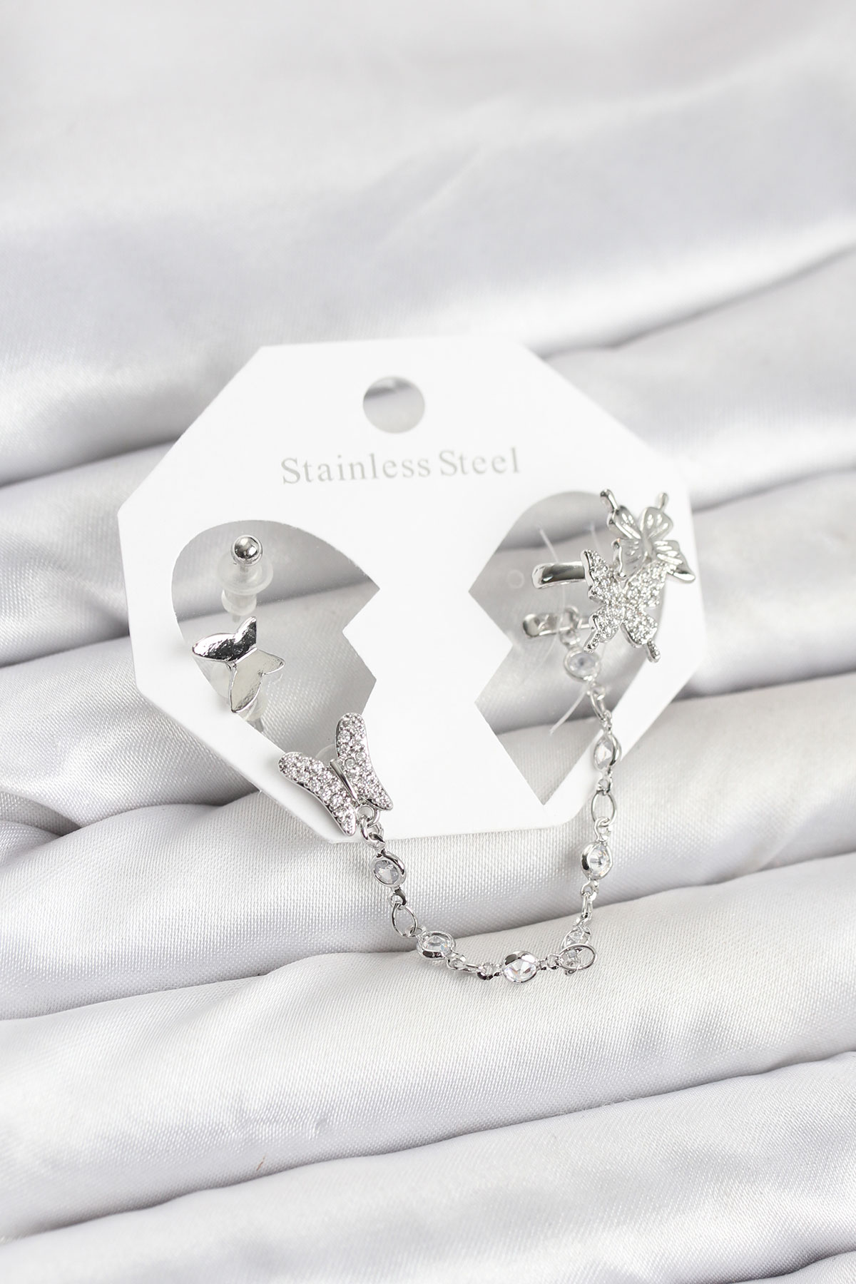 Pirinç Gümüş Renk Kelebek Model Zincir Bağlantılı Ear Cuff Küpe Seti - Lisinya