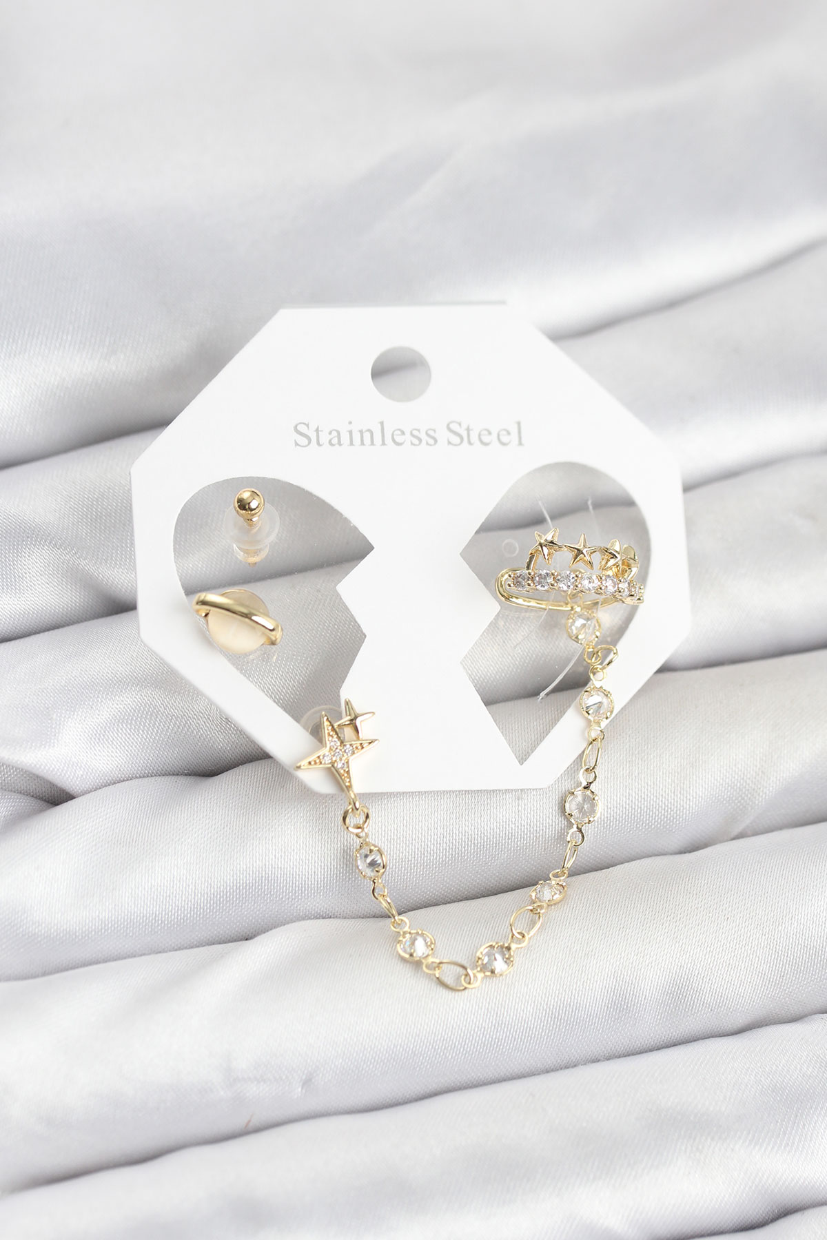 Pirinç Gold Renk Uzay Model Zincir Bağlantılı Ear Cuff Küpe Seti - Lisinya