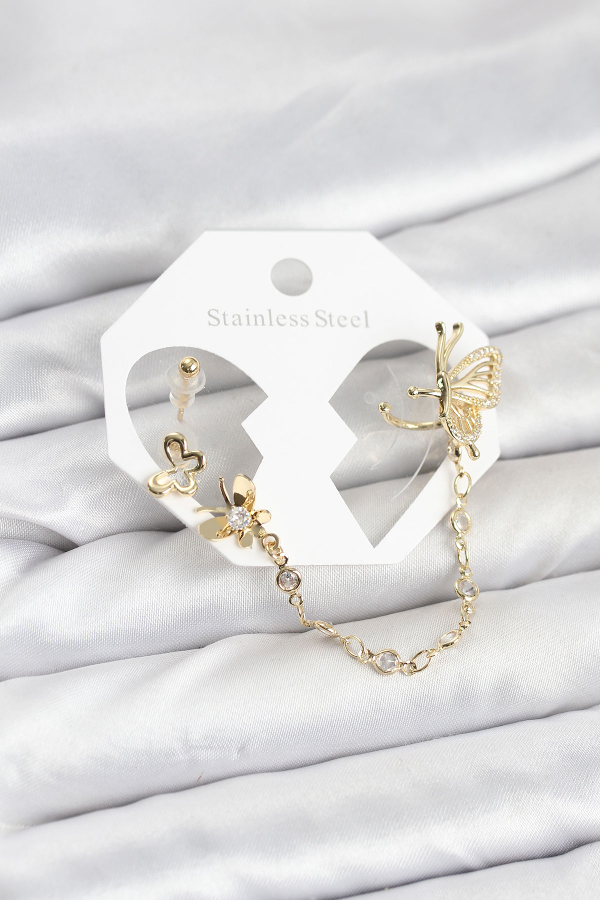Kelebekli Model Pirinç Gold Renk Zincir Bağlantılı Ear Cuff Küpe Seti - Lisinya