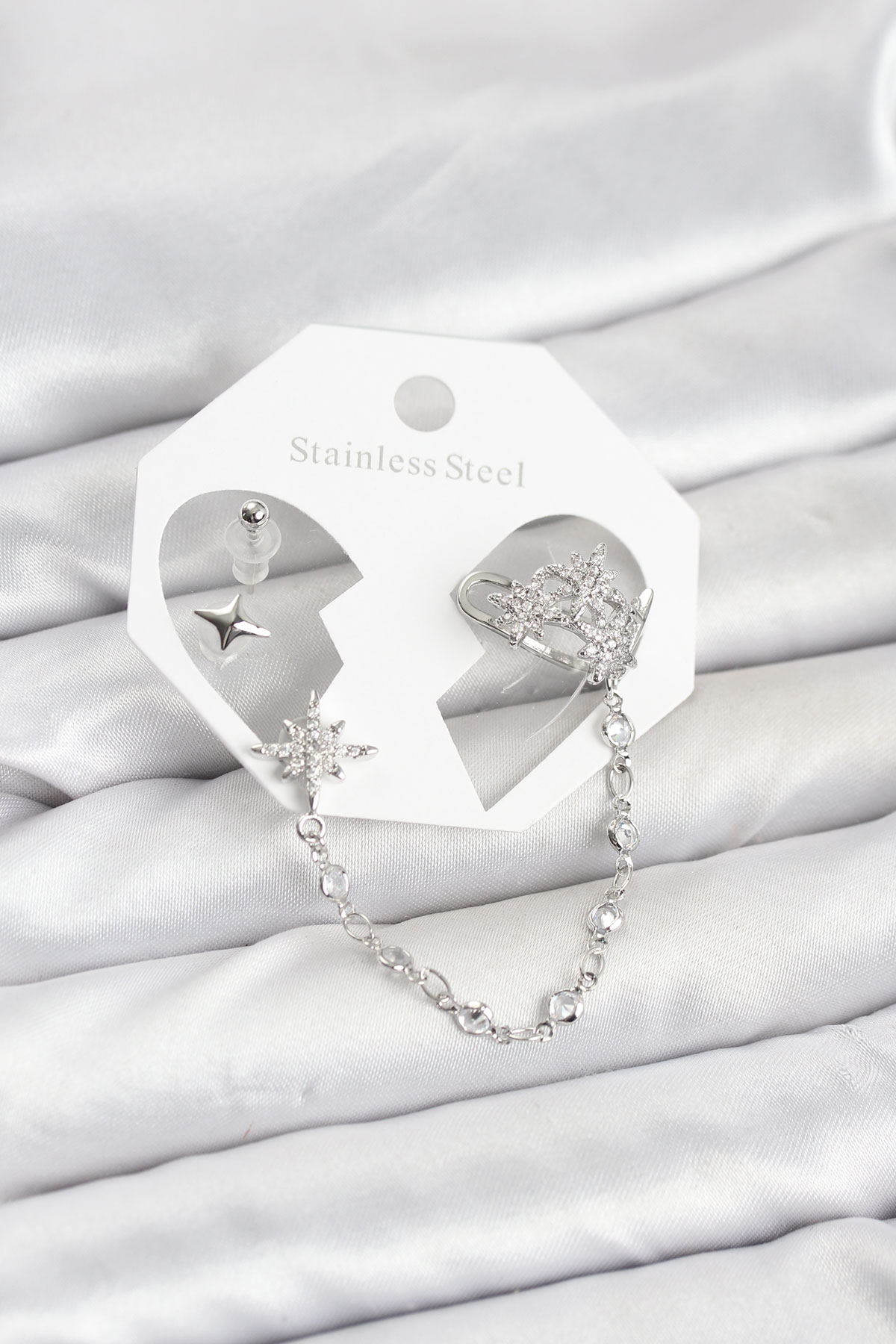 Kutup Yıldızı Model Pirinç Gümüş Renk Zincir Bağlantılı Ear Cuff Küpe Seti - Lisinya