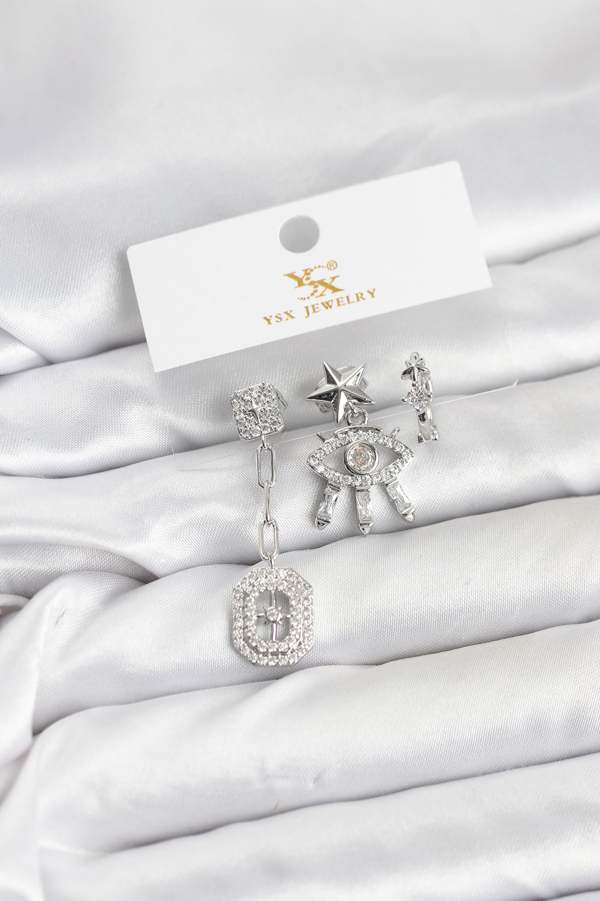 Pirinç Gümüş Renk Göz ve Kutup Yıldızı Model YSX Trio Küpe Seti - Lisinya