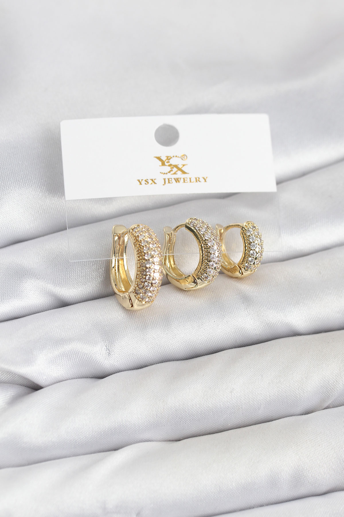 Pirinç Gold Renk Zirkon Taşlı Halka Model YSX Trio Küpe Seti - Lisinya