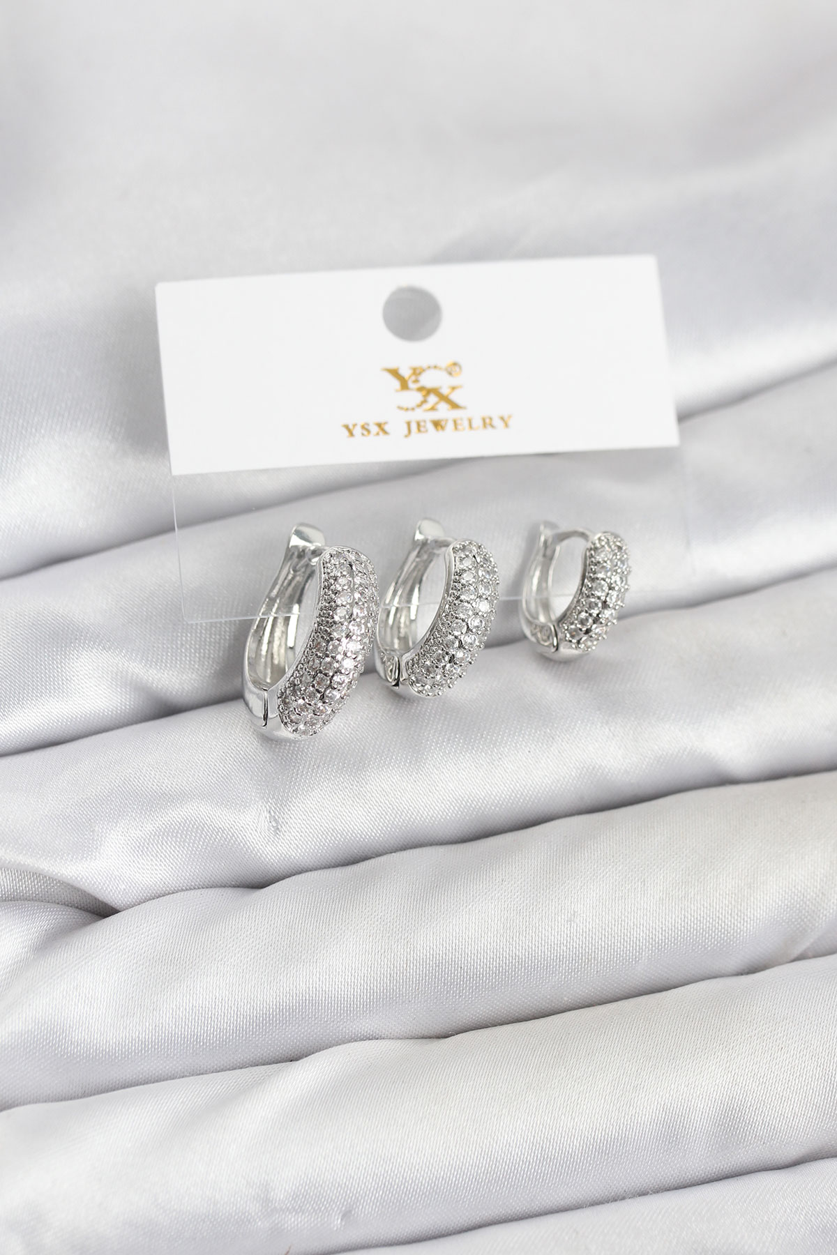 Pirinç Gümüş Renk Zirkon Taşlı Halka Model YSX Trio Küpe Seti - Lisinya