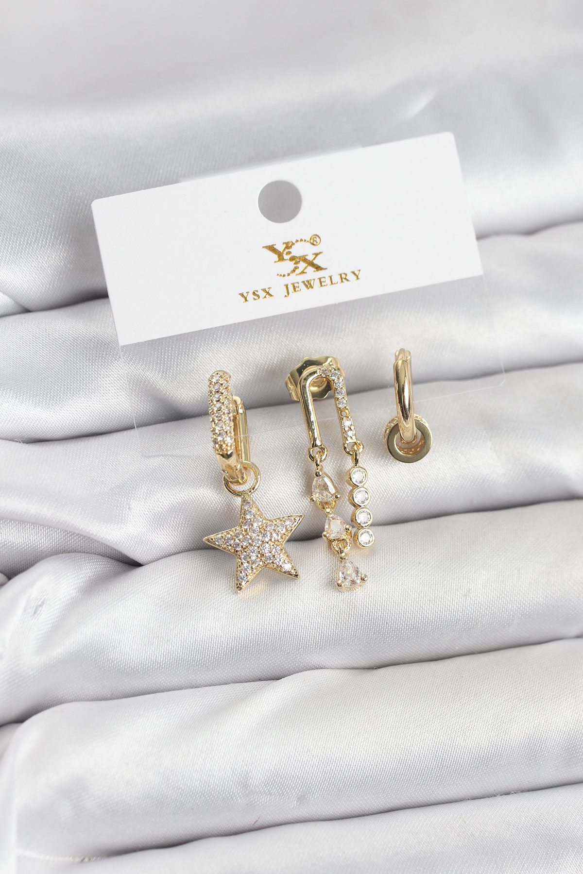Pirinç Gold Renk Zirkon Taşlı Yıldız Vintage Model YSX Trio Küpe Seti - Lisinya