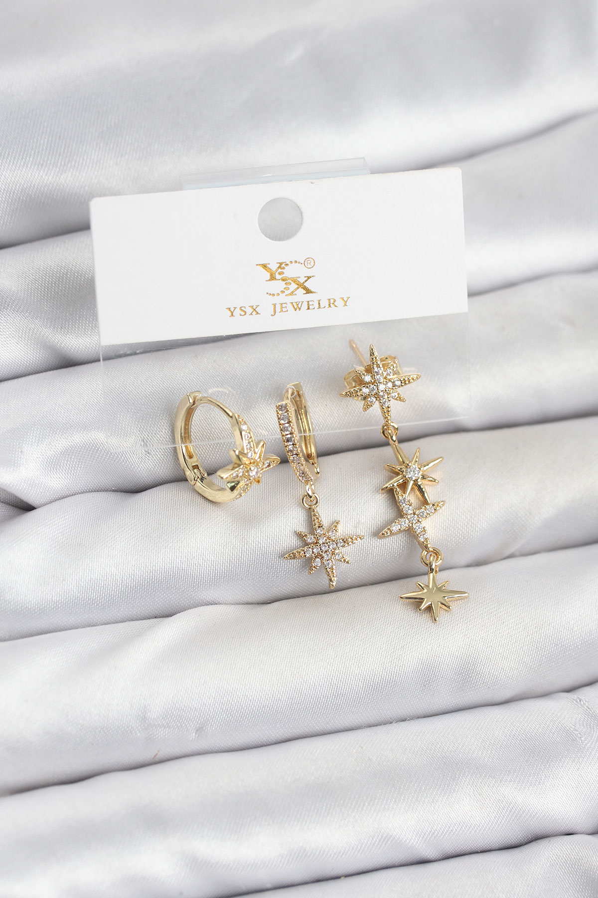 Pirinç Gold Renk Zirkon Taşlı Kutup Yıldızı Model YSX Trio Küpe Seti - Lisinya