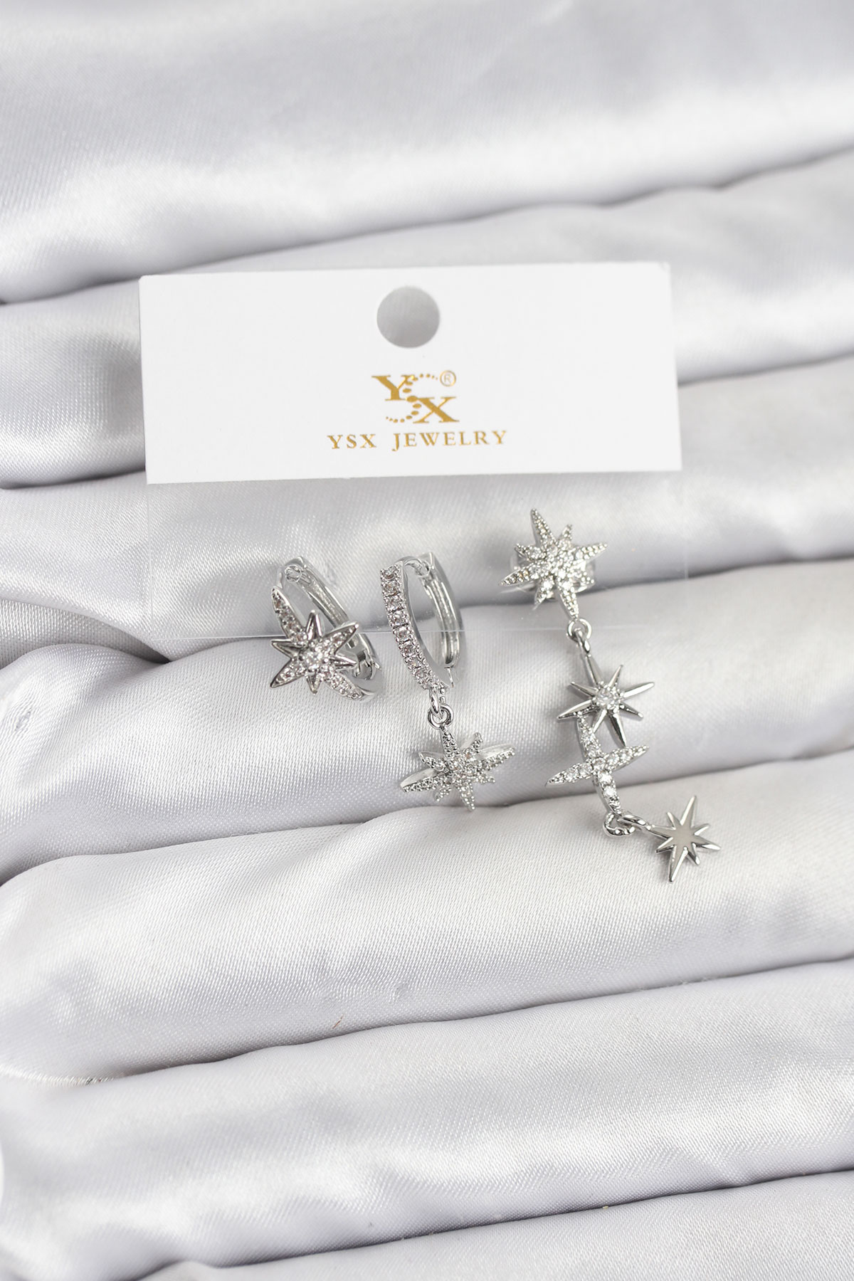 Pirinç Gümüş Renk Zirkon Taşlı Kutup Yıldızı Model YSX Trio Küpe Seti - Lisinya